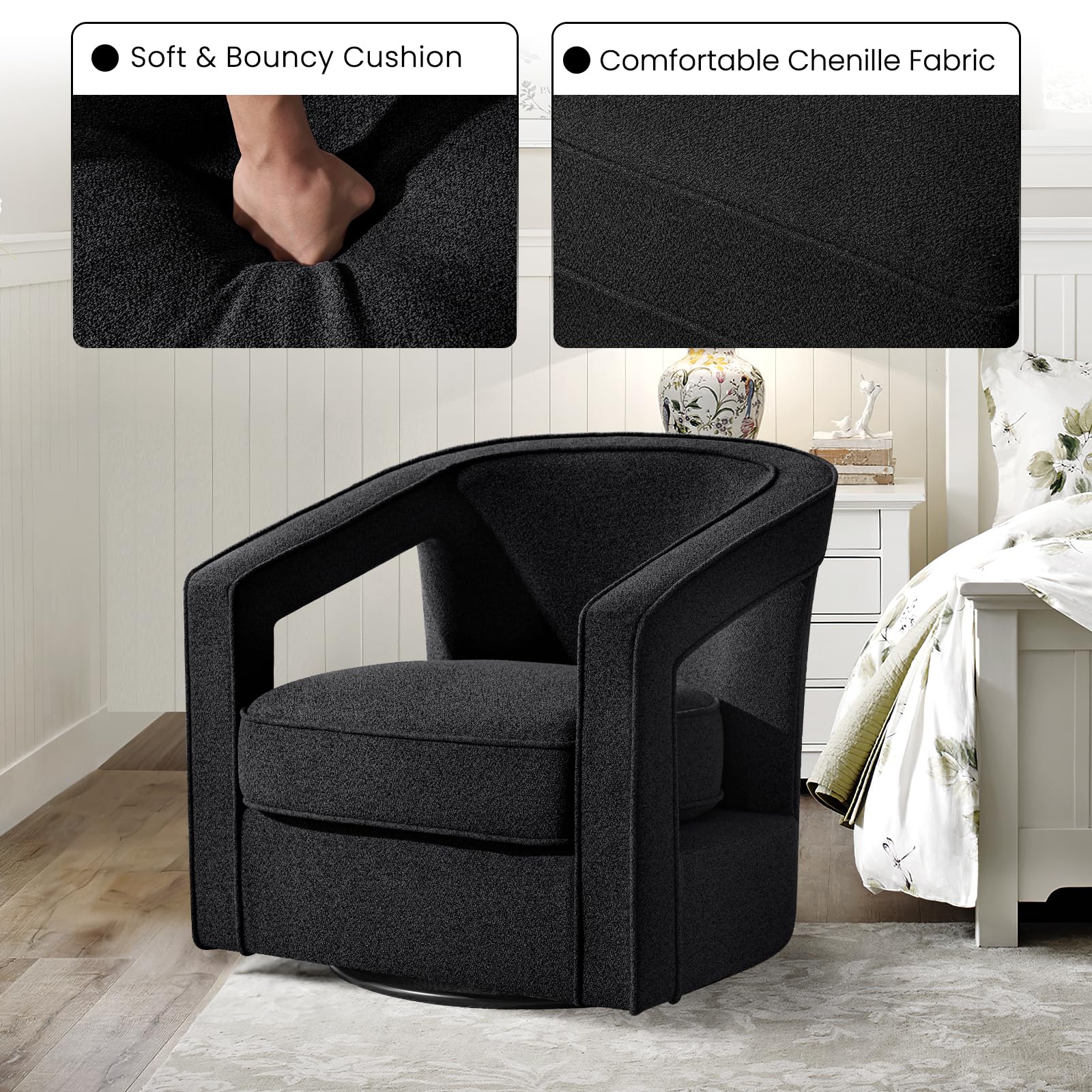 Furniliving Chenille Swivel Accent Chair - Upholstered Barrel Chair with Curved Back for Living Room, Bedroom, Home Office - Comfortable Reading Chair for Relaxing, Working & Decorating - Black