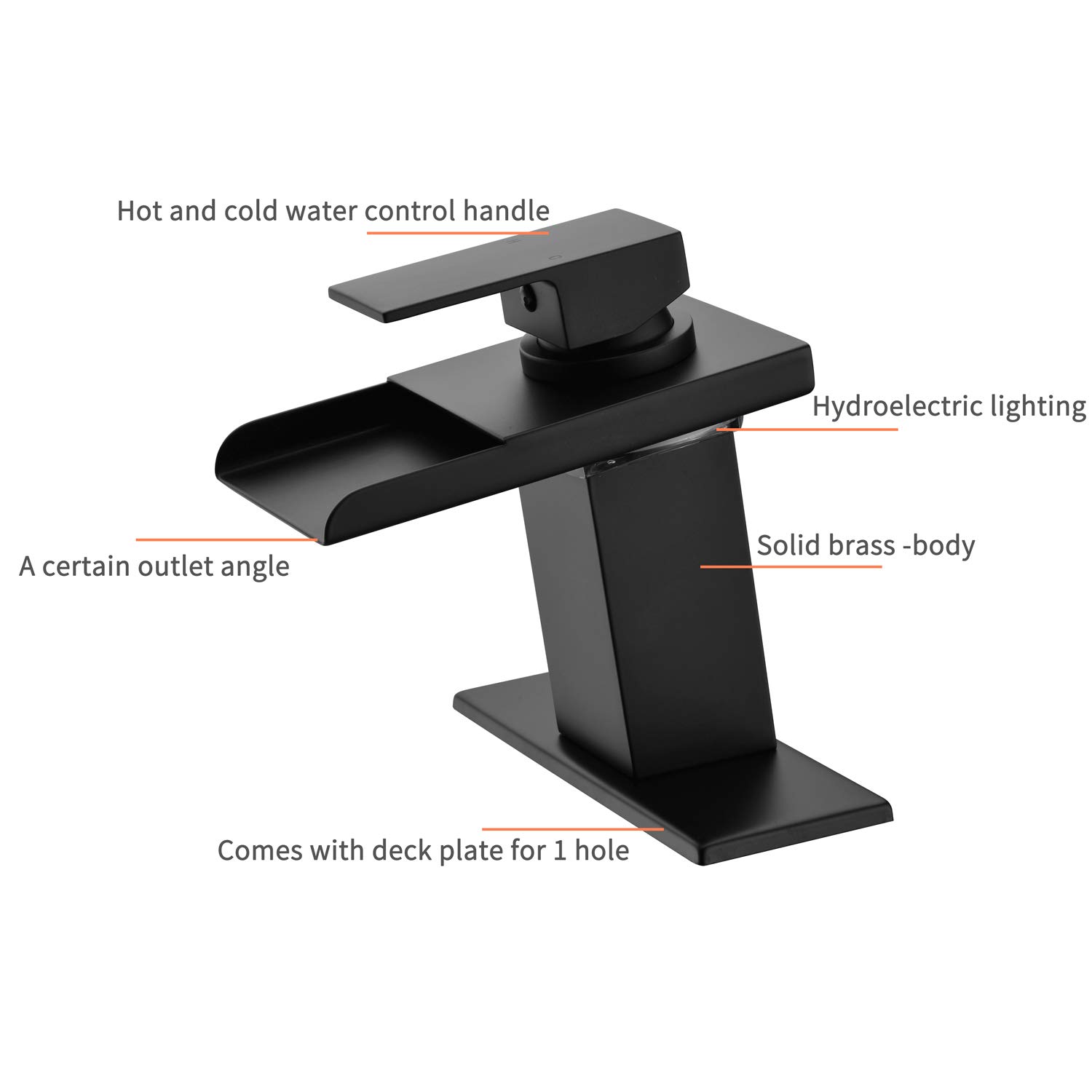 Mekoly Matte Black LED Bathroom Sink Faucet - 3 Color Changing Waterfall Single Handle Deck Mounted Hot & Cold Water Mixer Tap for Modern Bathroom Vanity and Spa Style Sink Upgrade