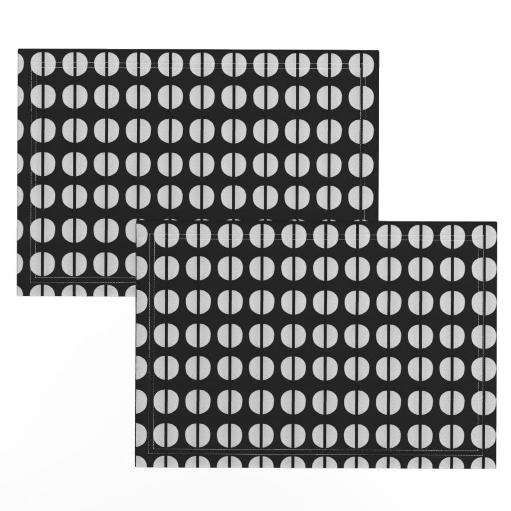 Set of 2 Black & White Retro Circle Pattern Linen Cotton Canvas Placemats - Mid Century Modern Table Decor for Dining Room, Kitchen or Party