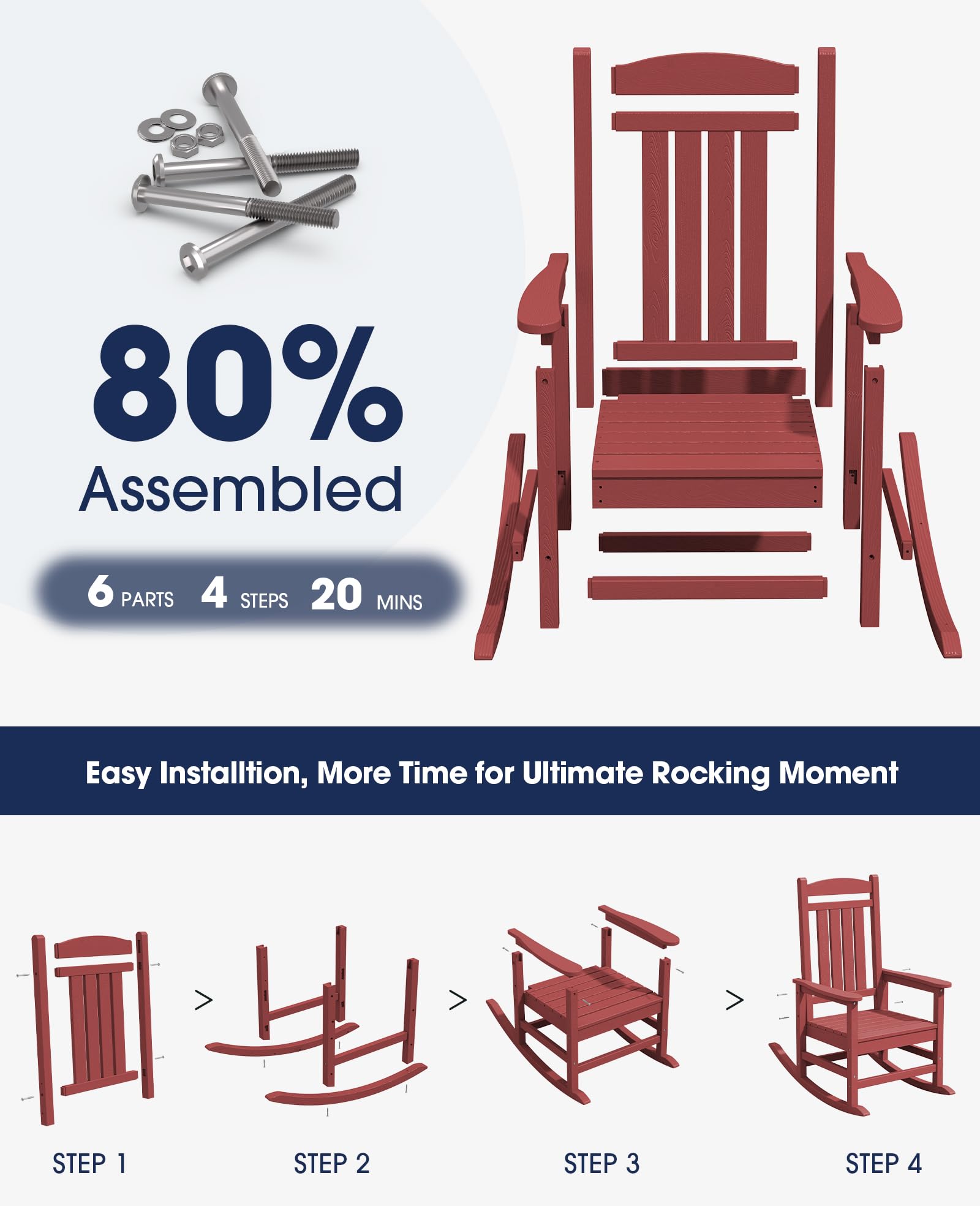KINGYES Weather-Resistant Outdoor Rocking Chair - High Back Patio Rocker for Adults, Dark Red - Perfect for Porch, Garden & Backyard Relaxation