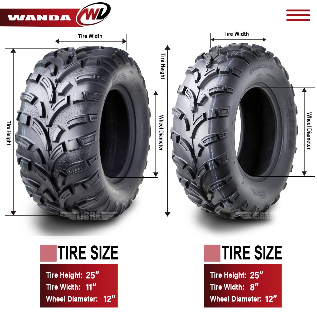 WANDA Set of 4 ATV Tires 25x8-12 & 25x11-12 for 2006-2013 Polaris SPORTSMAN 450/500 - All-Terrain Off-Road Tires for Mud, Sand & Trail Riding