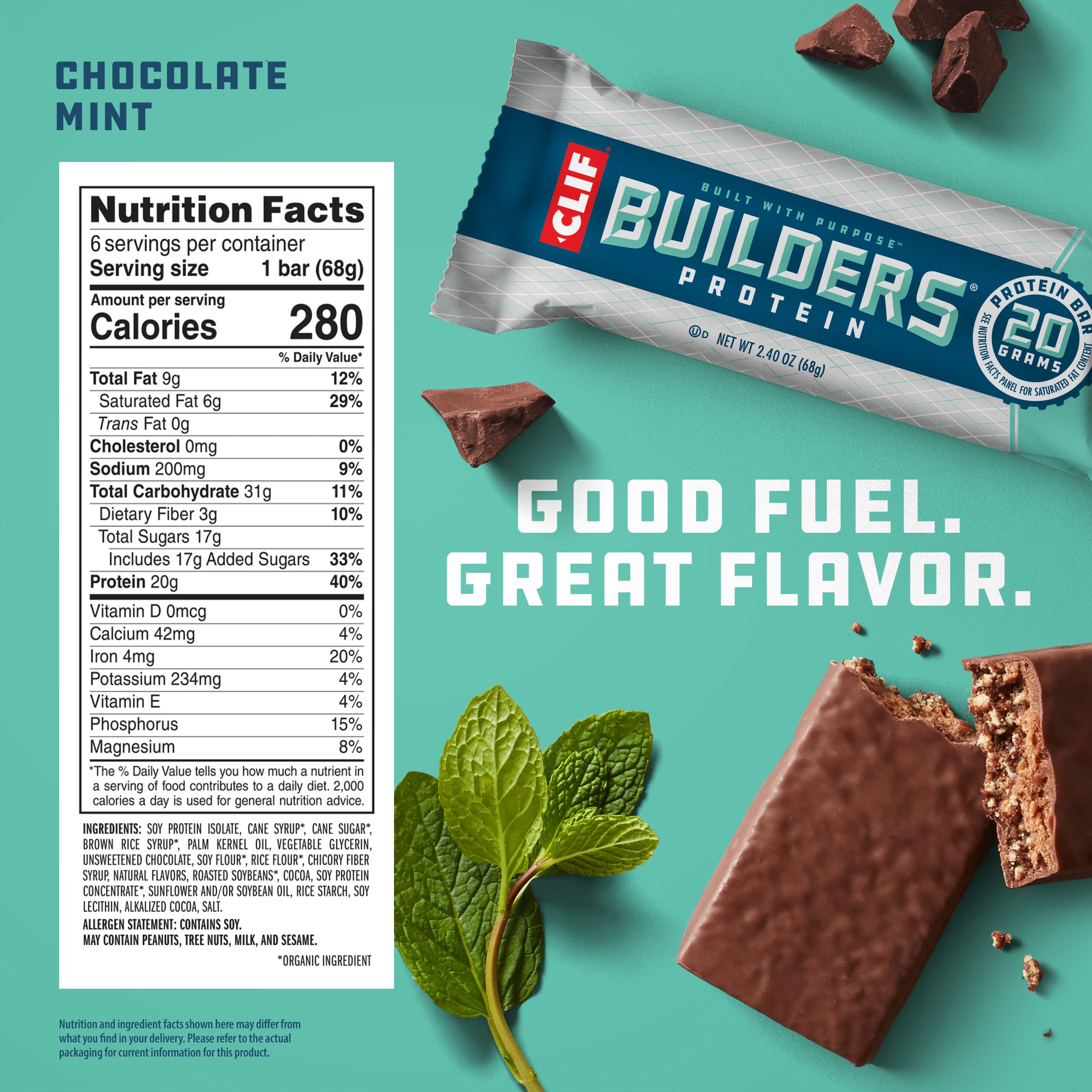 CLIF Builders Chocolate Mint Protein Bars - 20g Plant-Based Protein, Gluten Free, Non-GMO, Low Glycemic - 2.4oz (6 Pack) - Perfect for Post-Workout Recovery, Hiking & On-the-Go Snacking