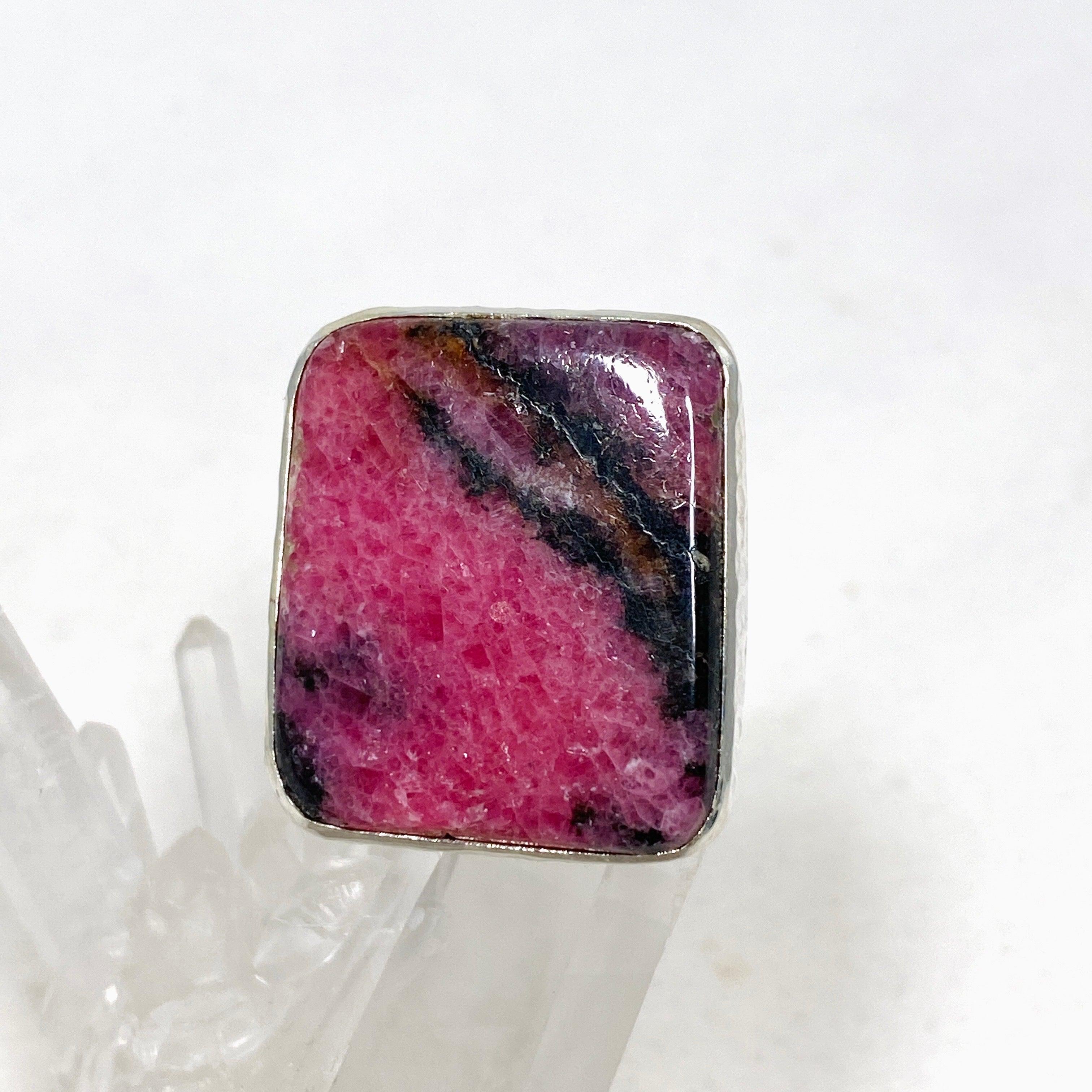 Rhodonite Rectangle Ring in Hammered Silver Setting - Size 9.5 (KRGJ3212) | Healing Stone Jewelry for Women, Meditation & Spiritual Gifts