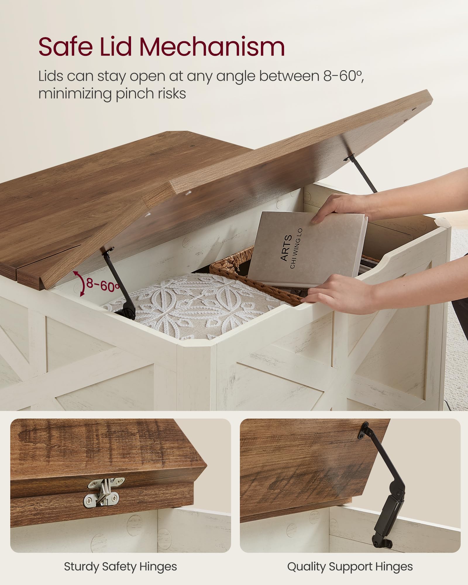 VASAGLE Farmhouse Coffee Table with Storage, Square Living Room Center Table with Flip-Top Lids, Rustic White & Honey Brown - Perfect for Small Spaces, Home Decor, and Coffee Table Books Storage