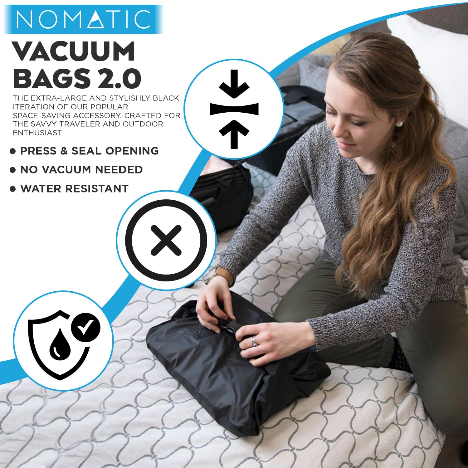 NOMATIC Vacuum Compression Packing Cubes - Travel Luggage Organizer Bags for Suitcases (Black) | Perfect for Business Trips, Vacations & Organized Packing