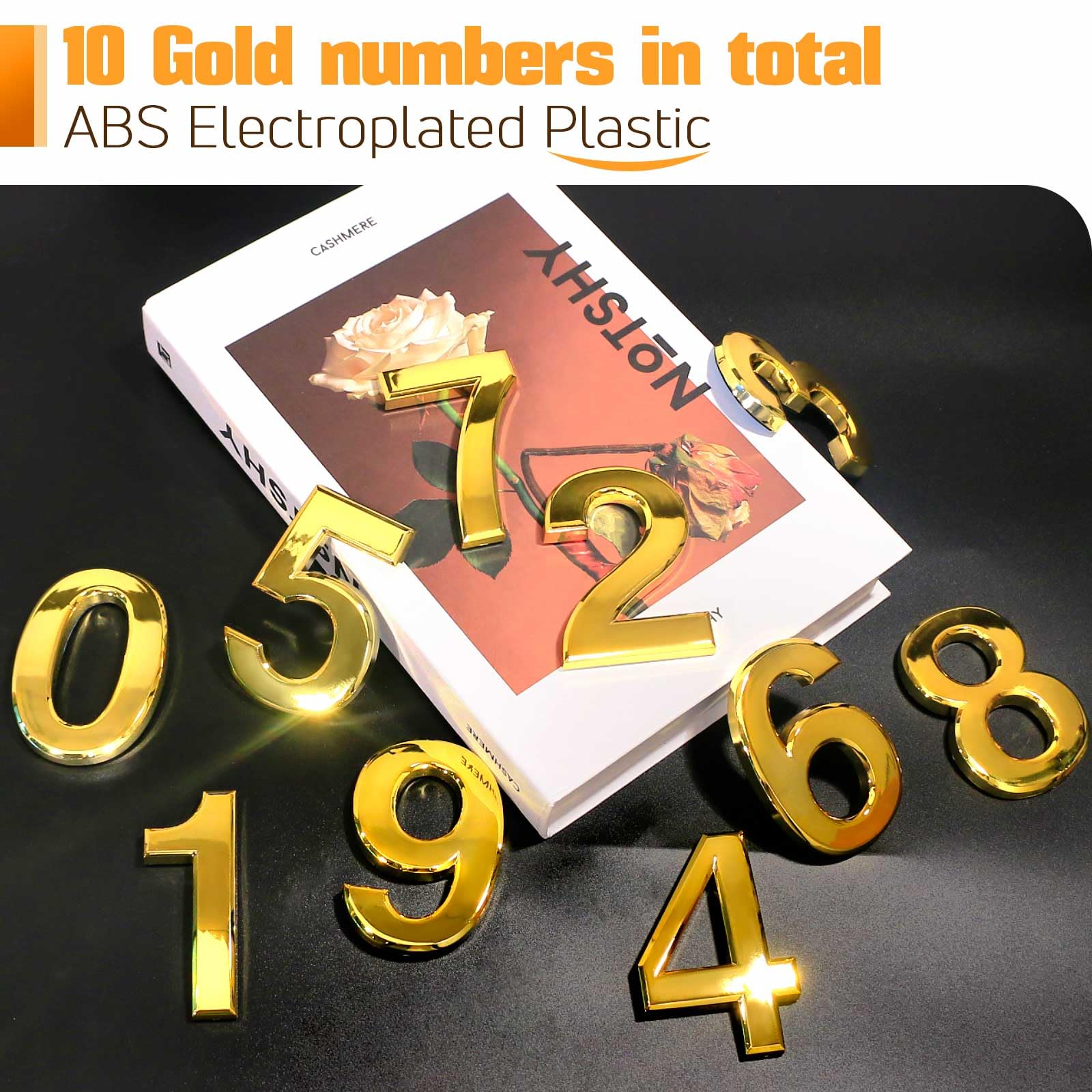 Ranslen 10-Piece 3-Inch Self-Adhesive House Numbers 0-9 - Gold Electroplated Plastic 3D Mailbox Address Stickers for Home, Apartment, Office & Hotel Room - Perfect for Mailbox, Door & Wall Numbering