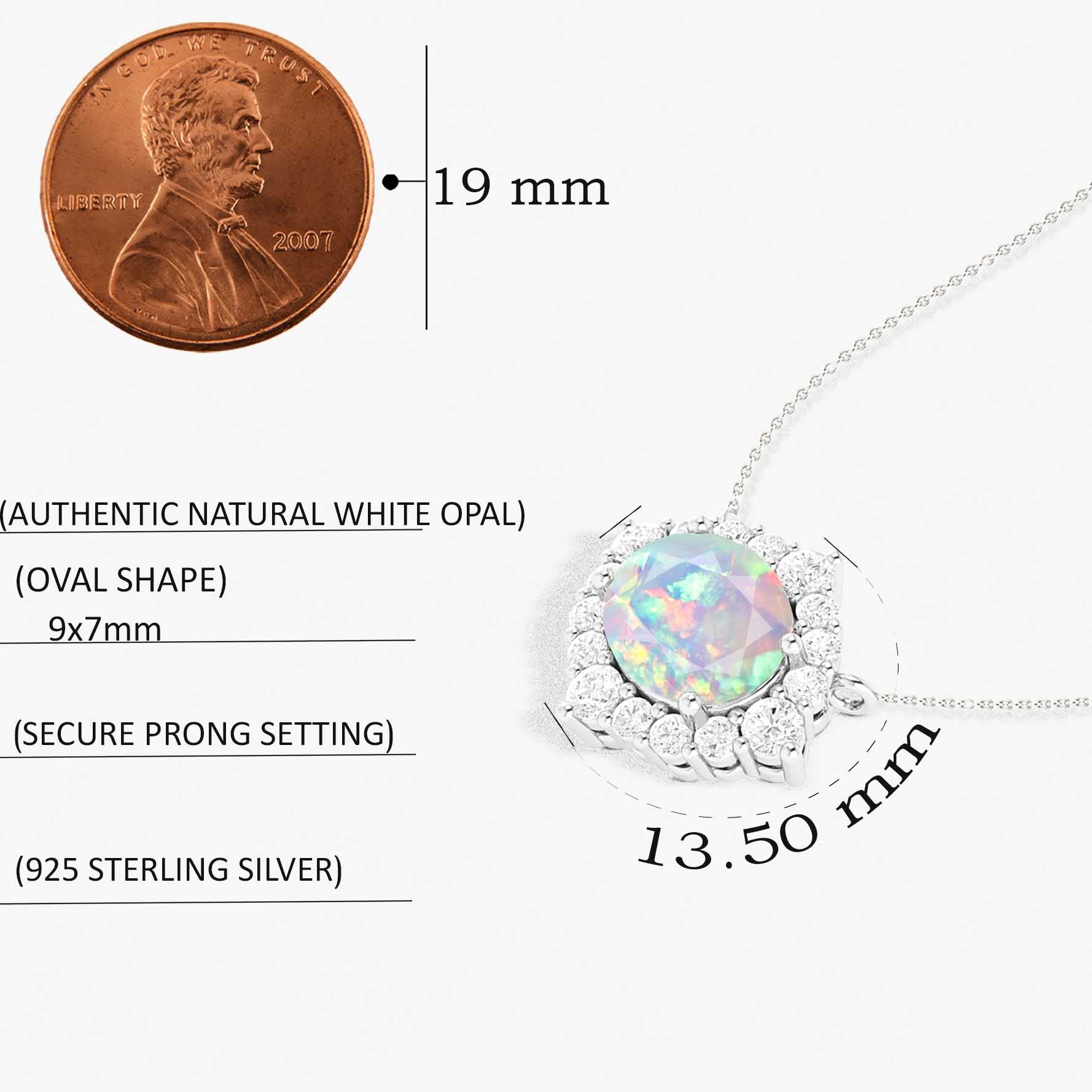 Elegant Oval Natural White Opal & Zircon Halo Pendant Necklace | Sterling Silver Chain | Perfect for Weddings, Anniversaries & Special Occasions
