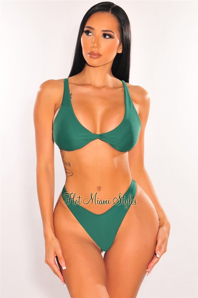 Emerald Green Padded Knotted Spaghetti Strap High Cut Bikini Swimsuit for Women - Beach Vacation & Pool Party Essential