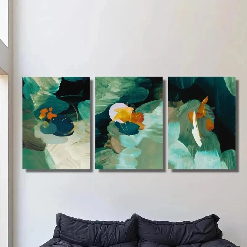 3-Piece Abstract Green Metal Wall Art Prints - Ready to Hang Modern Home Decor for Living Room, Bedroom & Office