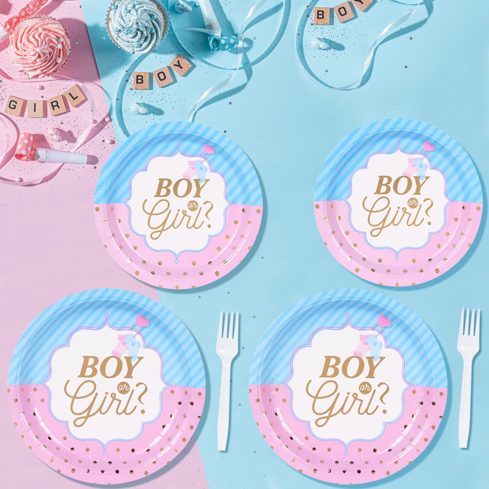 DECORLIFE Gender Reveal Party Plates Set for 24 Guests - Includes 96PCS of Plates, Napkins & Forks - Perfect for Baby Shower, Gender Reveal Celebrations & Special Occasions - Blue & Pink Theme Party Supplies