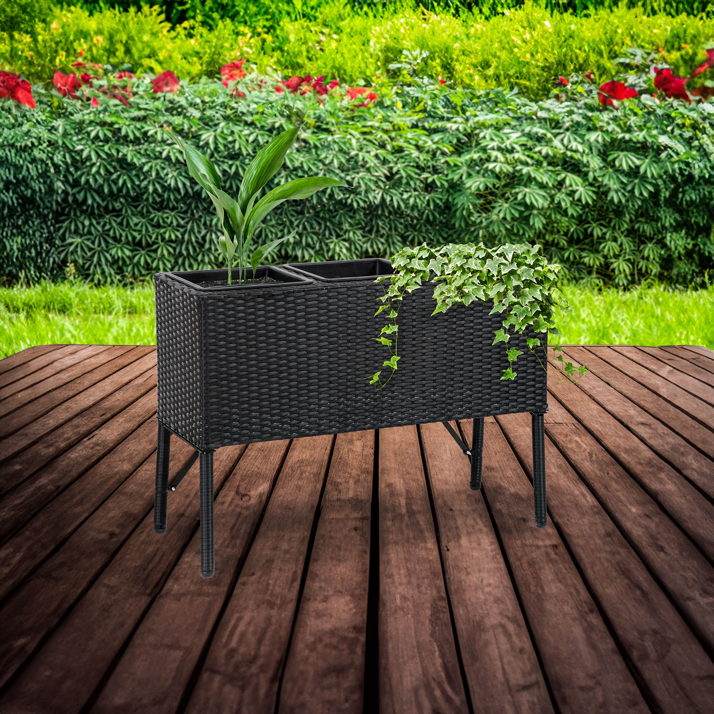 Sunnydaze 3-Section Black Wicker Raised Garden Planter Box - Perfect for Patio, Balcony & Outdoor Decor