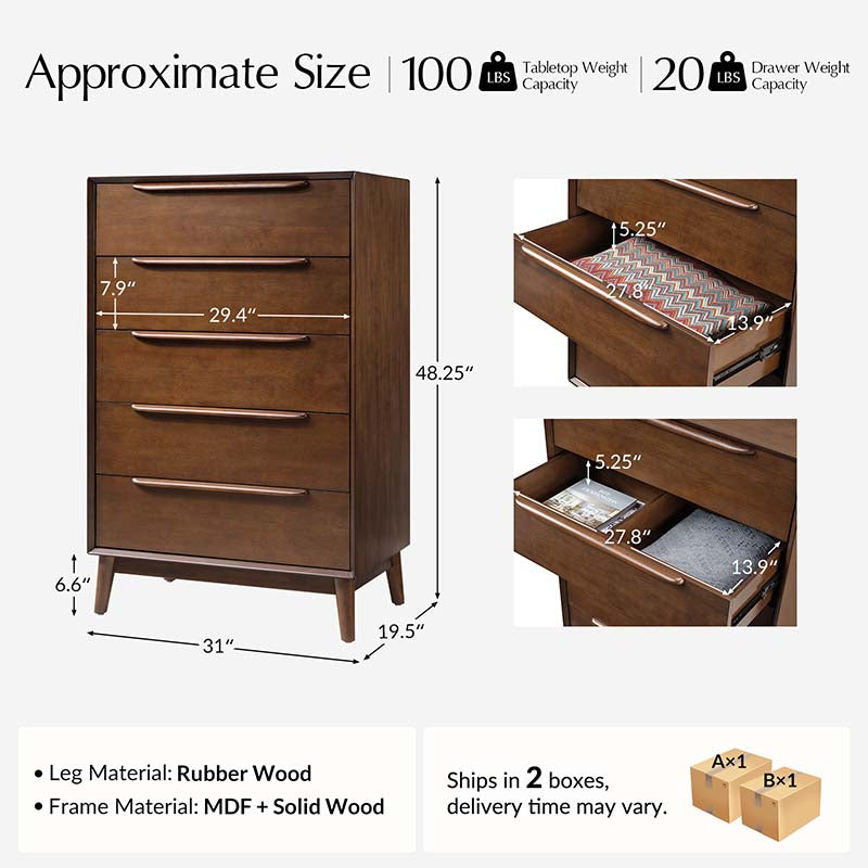 Raimunda 5-Drawer Solid Wood Chest Dresser - Sturdy Bedroom Storage Organizer for Clothes, Linens & Accessories | Perfect for Master Bedroom, Guest Room or Nursery