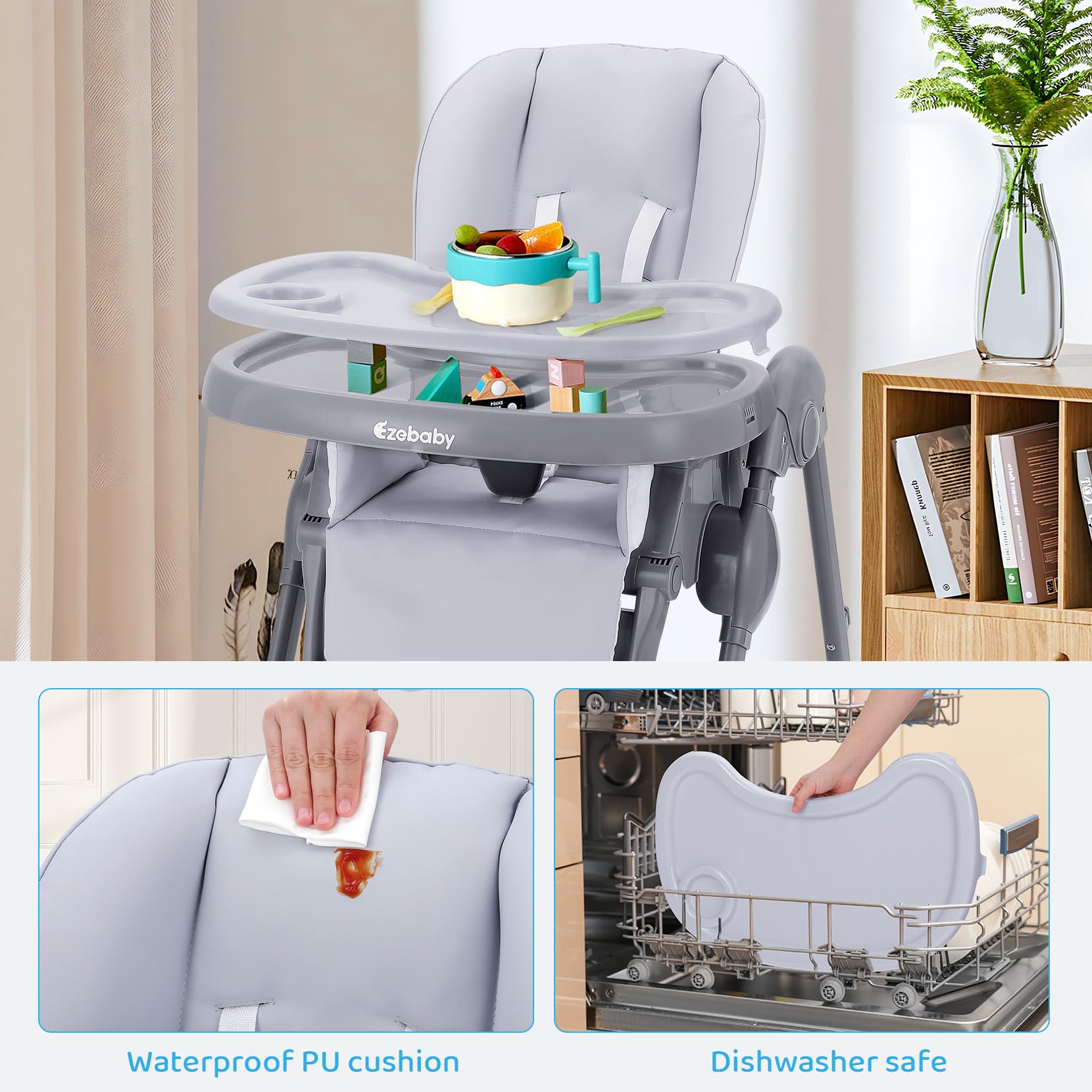 Ezebaby Adjustable Baby High Chair with Recline - Foldable, Convertible 2-in-1 Dining Booster Seat, Portable Toddler Chair with 4 Wheels & Toy Tray - Gray | Perfect for Home, Restaurants & Travel