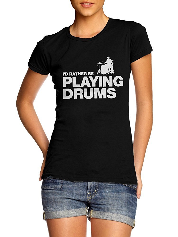 AM Women's White Girly Tee - 'I'd Rather Be Playing Drums' Funny Music Lover T-Shirt | Casual Wear, Band Practice, Concerts & Music Festivals