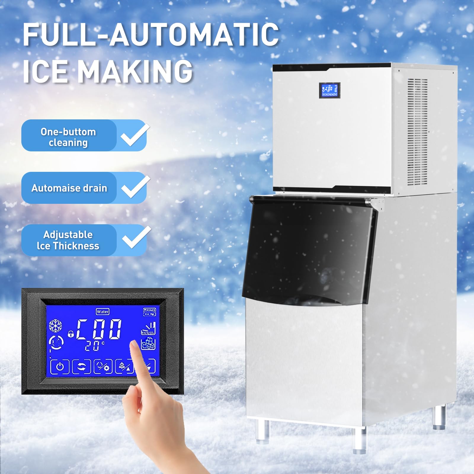 Commercial Ice Maker Machine 550 LBS/24H - Industrial Ice Machine with 350LBS Storage Bin, Fast Ice Production in 8-15 Mins, Stainless Steel Construction - Perfect for Bars, Cafes, Restaurants, Hotels, and Catering Services