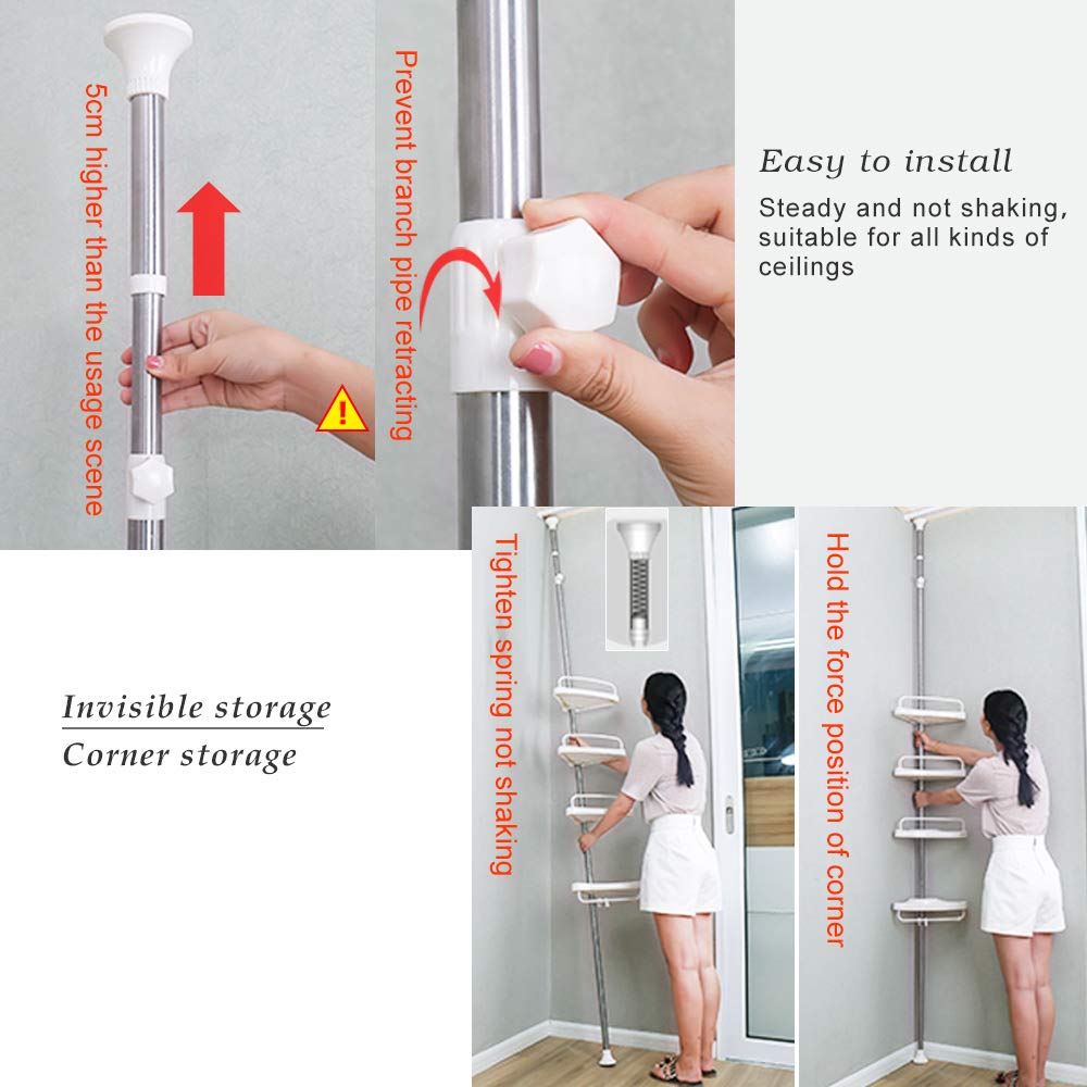 Hershii 4-Tier Adjustable Tension Pole Shower Caddy - Stainless Steel Bathroom Corner Storage Shelf Organizer for Shampoo, Conditioner & Toiletries - Perfect for Small Bathrooms & Apartment Showers (Ivory)