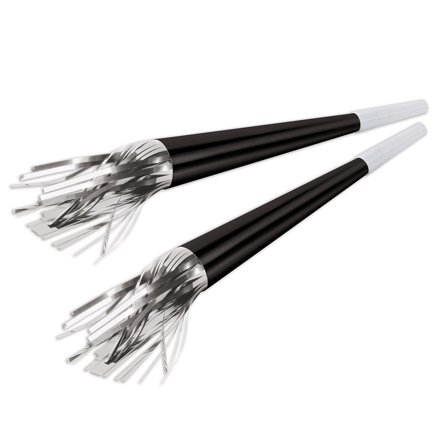 100 Pack Beistle New Year's Eve Black Foil Party Horns with Silver Tassels - Premium Noise Makers for NYE Celebrations, Birthday Parties & Festive Events