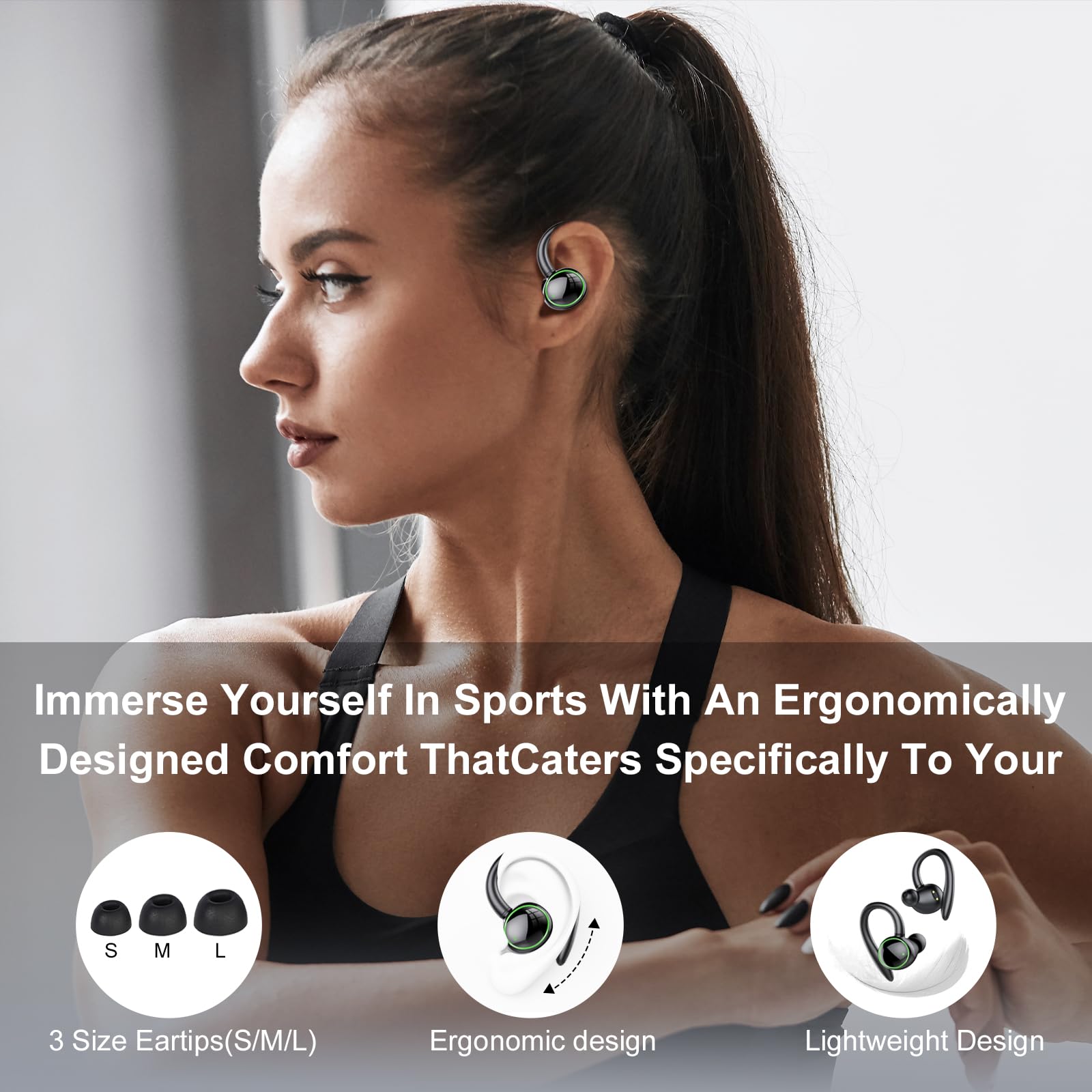 Wireless Bluetooth 5.3 Earbuds with ENC Noise Cancelling Mic, 48H Playtime, IP7 Waterproof Sports Earphones with Earhooks, Stereo Deep Bass - Perfect for Running, Workout, Gym & Outdoor Activities (Black)