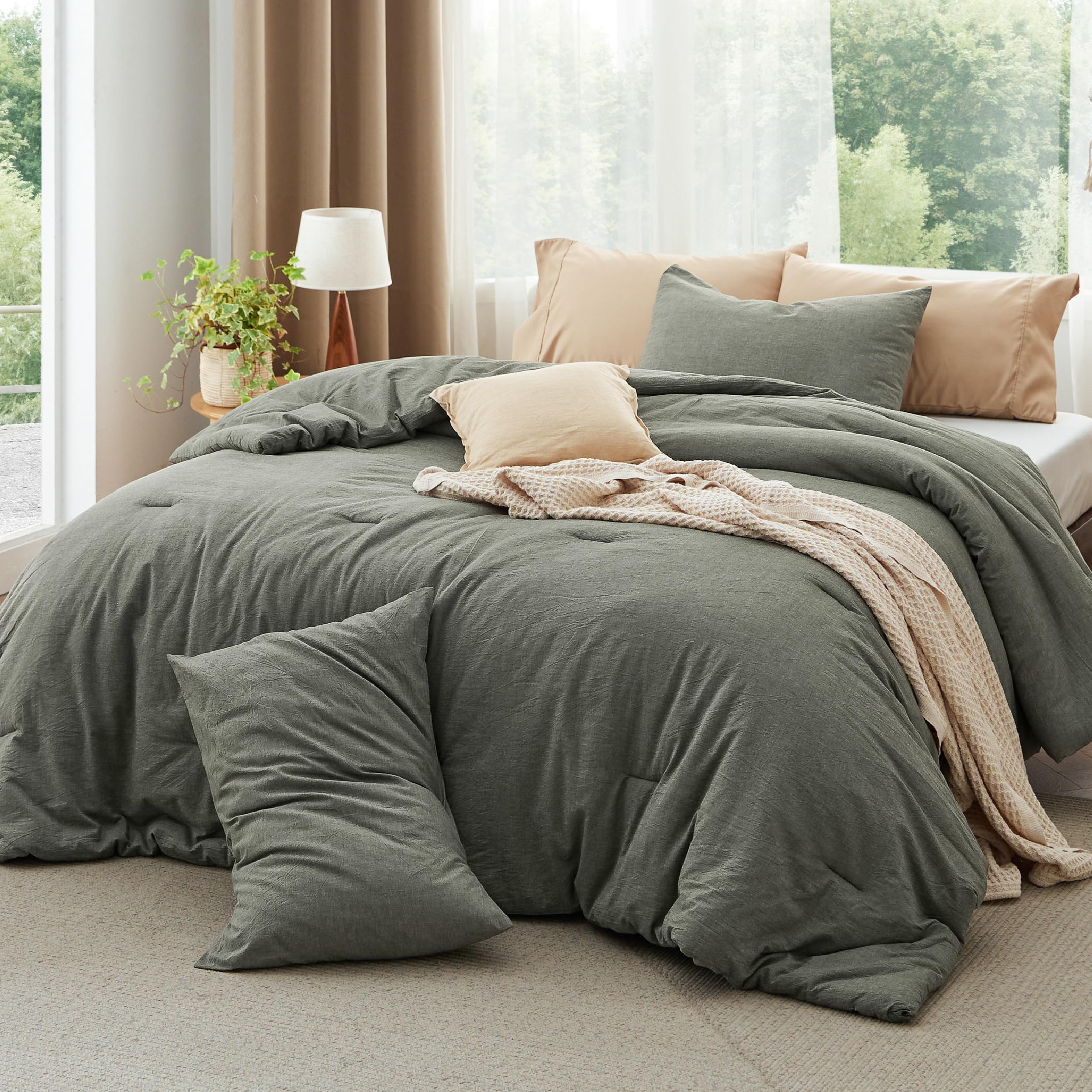 Bedsure Queen Comforter Set - Grayish Olive Green, All-Season Cotton for Cozy Sleep
