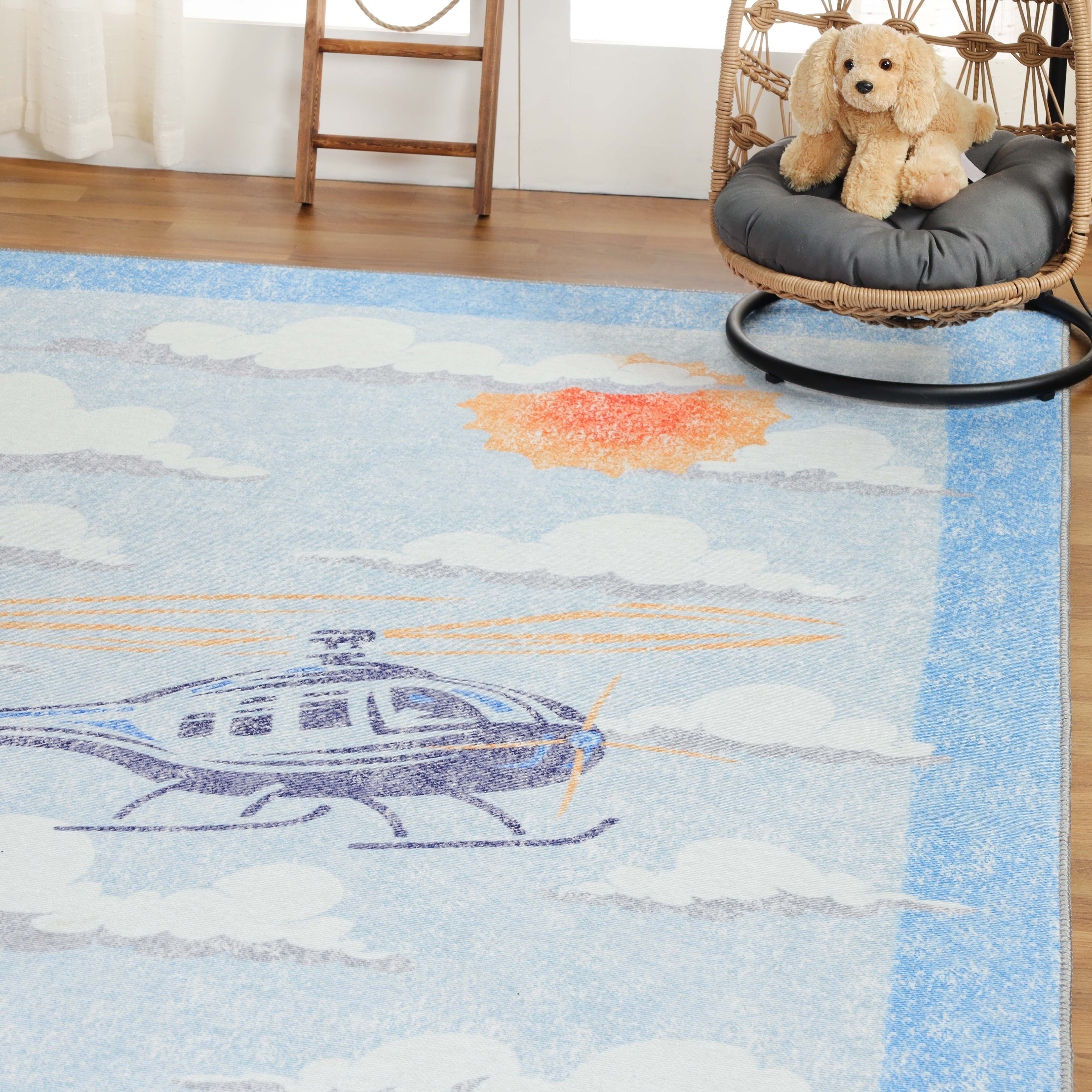 Non-Slip Helicopter Pattern Playroom Rug for Kids - Soft & Safe Floor Mat for Nursery, Bedroom, and Play Areas