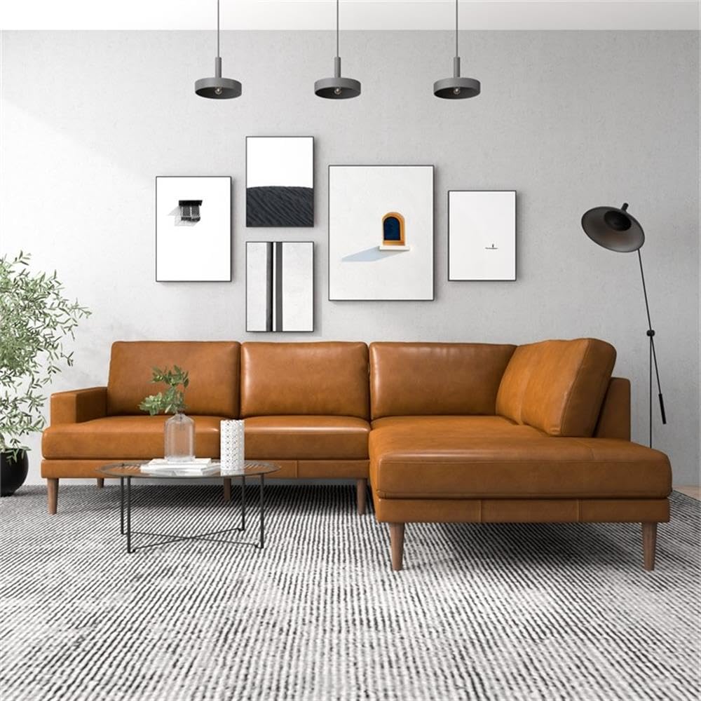 Premium ASHCROFT Aplee Modern Leather Corner Sectional Sofa - Tan Brown Genuine Leather Living Room Couch with Chaise Lounge | Perfect for Family Gatherings, Movie Nights & Contemporary Home Decor
