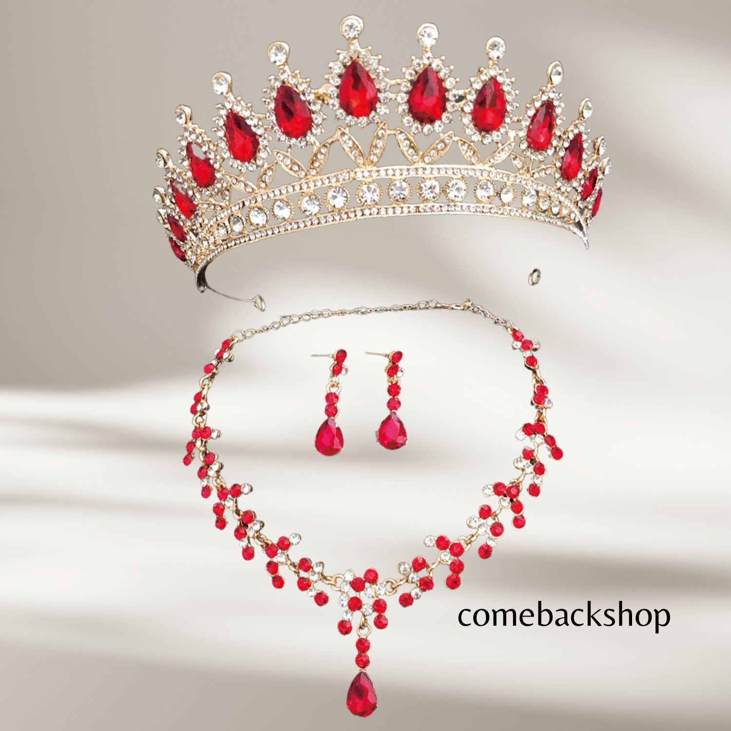 Elegant Baroque Wedding Crown for Bride with Tiara, Earrings & Necklace Set – Red & Black Crystal Bridal Jewelry for Women | Perfect for Costume Parties, Birthday Prom, Pageants & Special Occasions