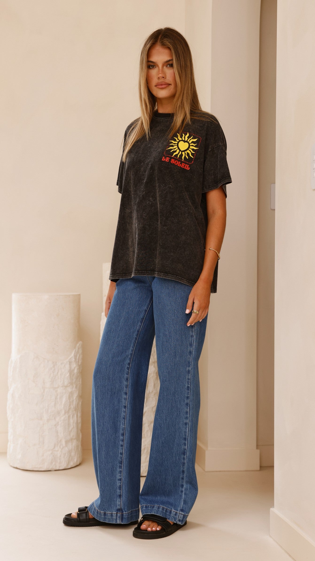 Le Soleil Acid Wash Black T-Shirt for Men & Women | Vintage Distressed Cotton Tee | Casual Streetwear & Everyday Outfit