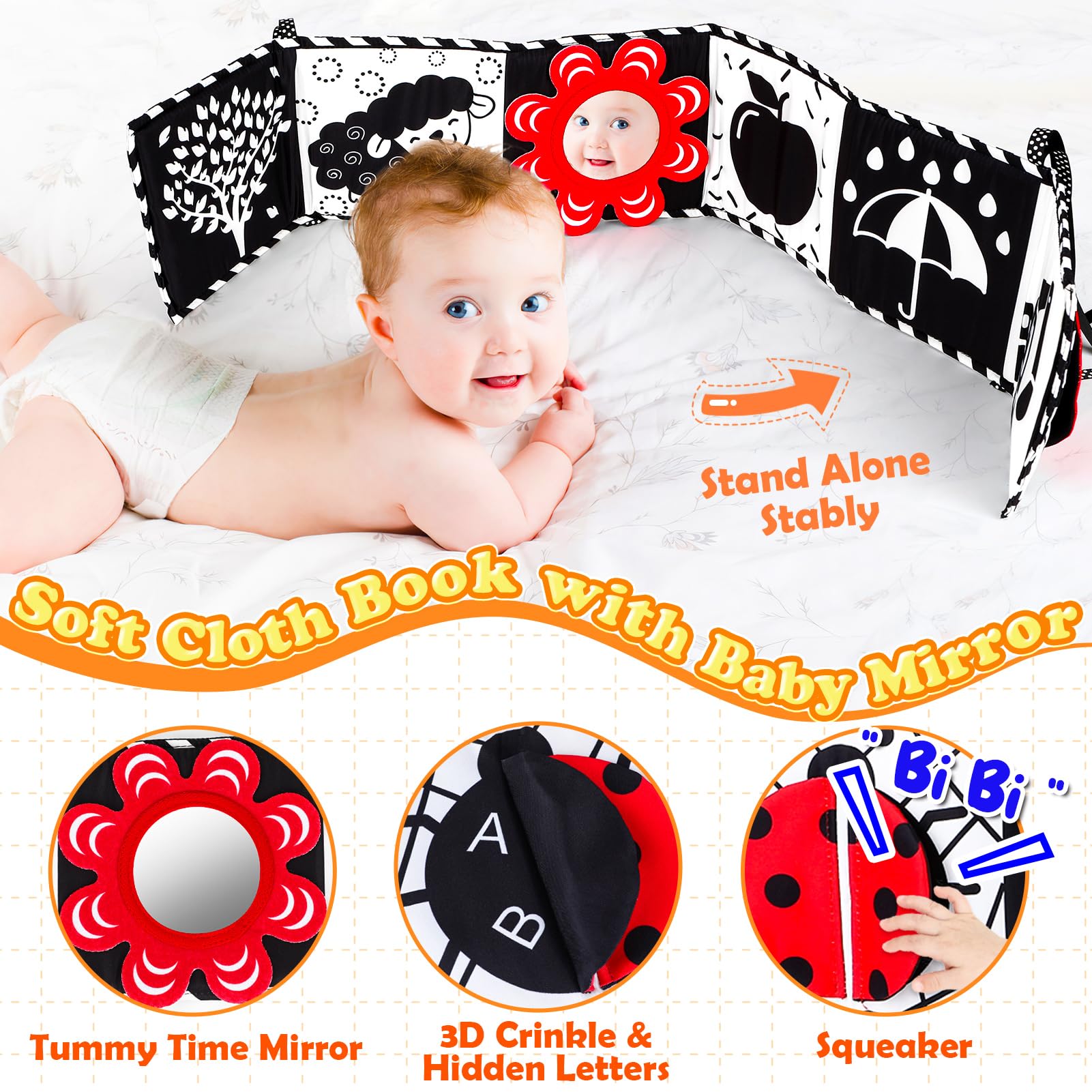 High Contrast Black & White Baby Toys 0-6 Months - Montessori Sensory Crinkle Toys for Newborns & Infants | Tummy Time, Car Seat & Stroller Toys | Soft Cloth Books for Baby Boys & Girls | Perfect Newborn Gift & Early Learning Development