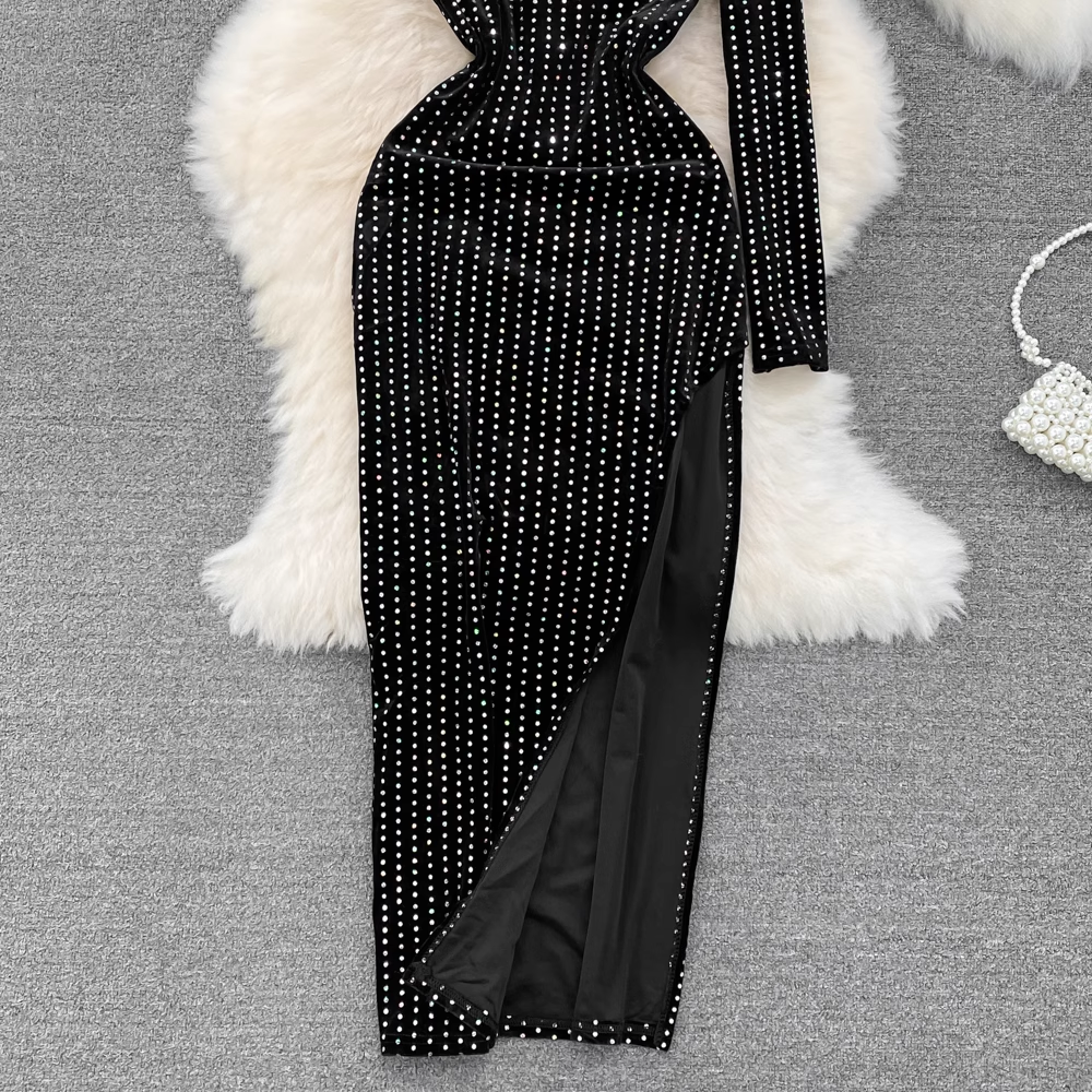 Elegant Beaded Velvet High Slit Maxi Dress for Women | Fall Winter Evening Party & Holiday Formal Gown | Perfect for Cocktail Parties, Christmas Events & Date Nights