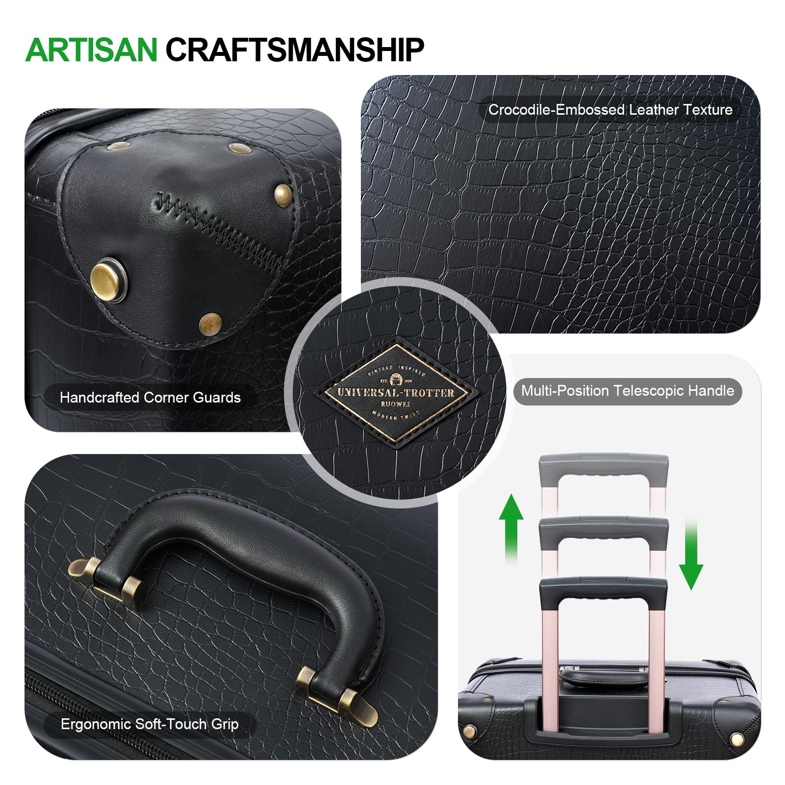 Vintage Crocodile Pattern 3-Piece Faux Leather Luggage Set - 20/24/28 Inch Hardside Spinner Suitcases with TSA Lock & Rose Gold Telescopic Handle, Black - Perfect for Business Travel, Vacation & Airplane Carry-On