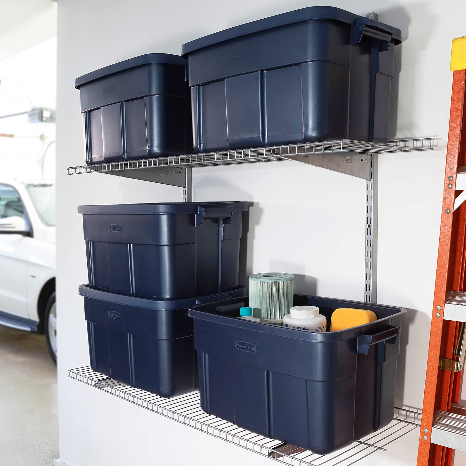 Rubbermaid Roughneck Tote 14 Gallon (6-Pack) - Durable Stackable Storage Bins with Lids & Handles - Made in USA - Dark Indigo Metallic - Perfect for Garage Organization, Home Storage & Moving Supplies