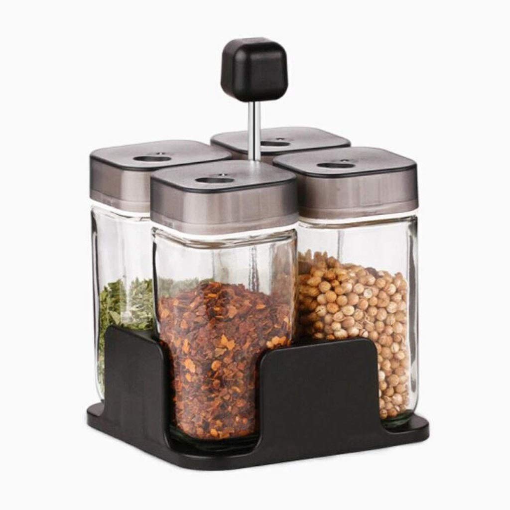 UXZDX 4-Jar Revolving Spice Rack Organizer - 360° Rotating Countertop Spice Storage with 4 Glass Jars (Spices Not Included) - Perfect for Kitchen Organization, Cooking & Baking