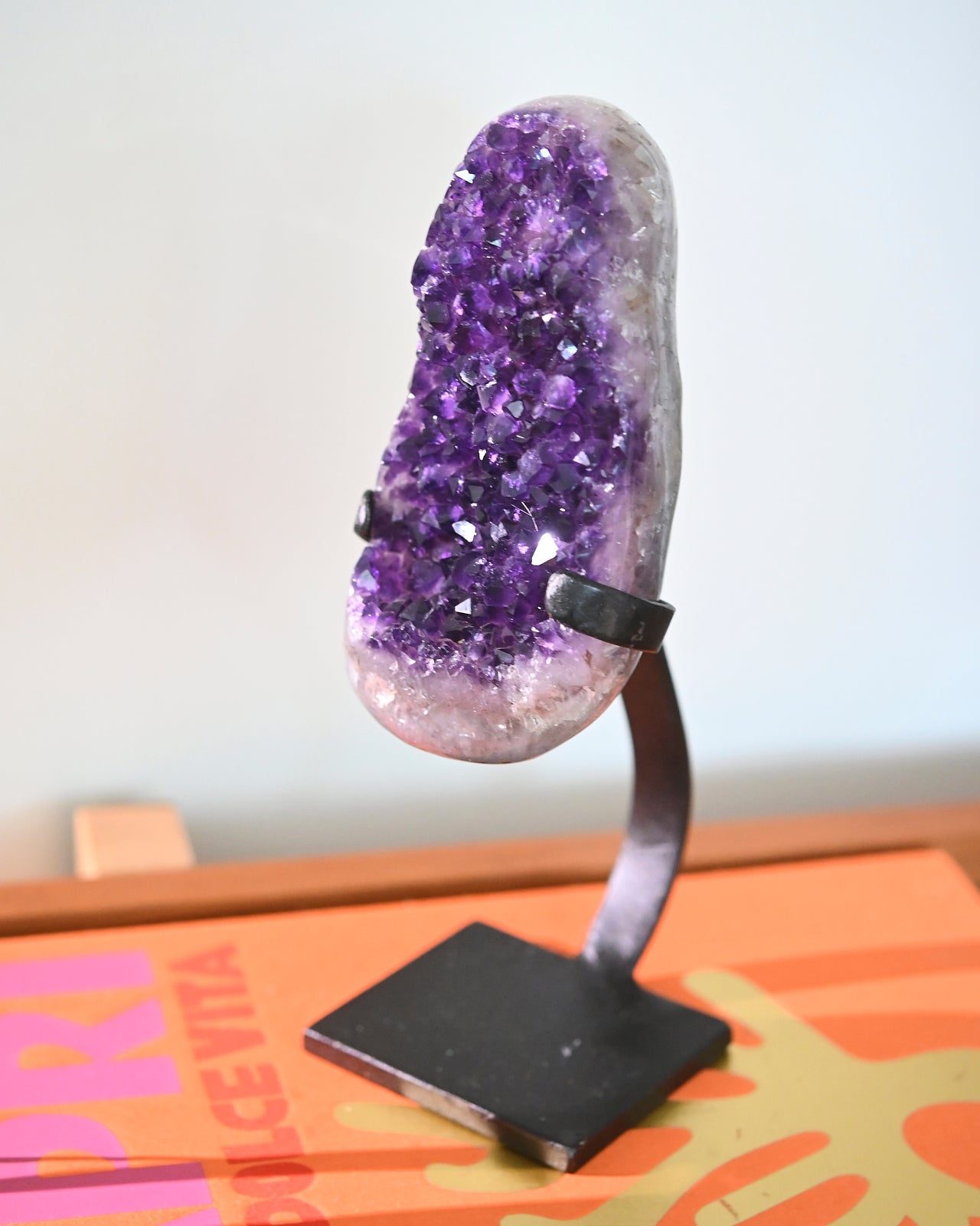 Natural Amethyst Crystal Geode on Wooden Stand - 3.5lbs Healing Stone for Home Decor, Meditation & Spiritual Gifts