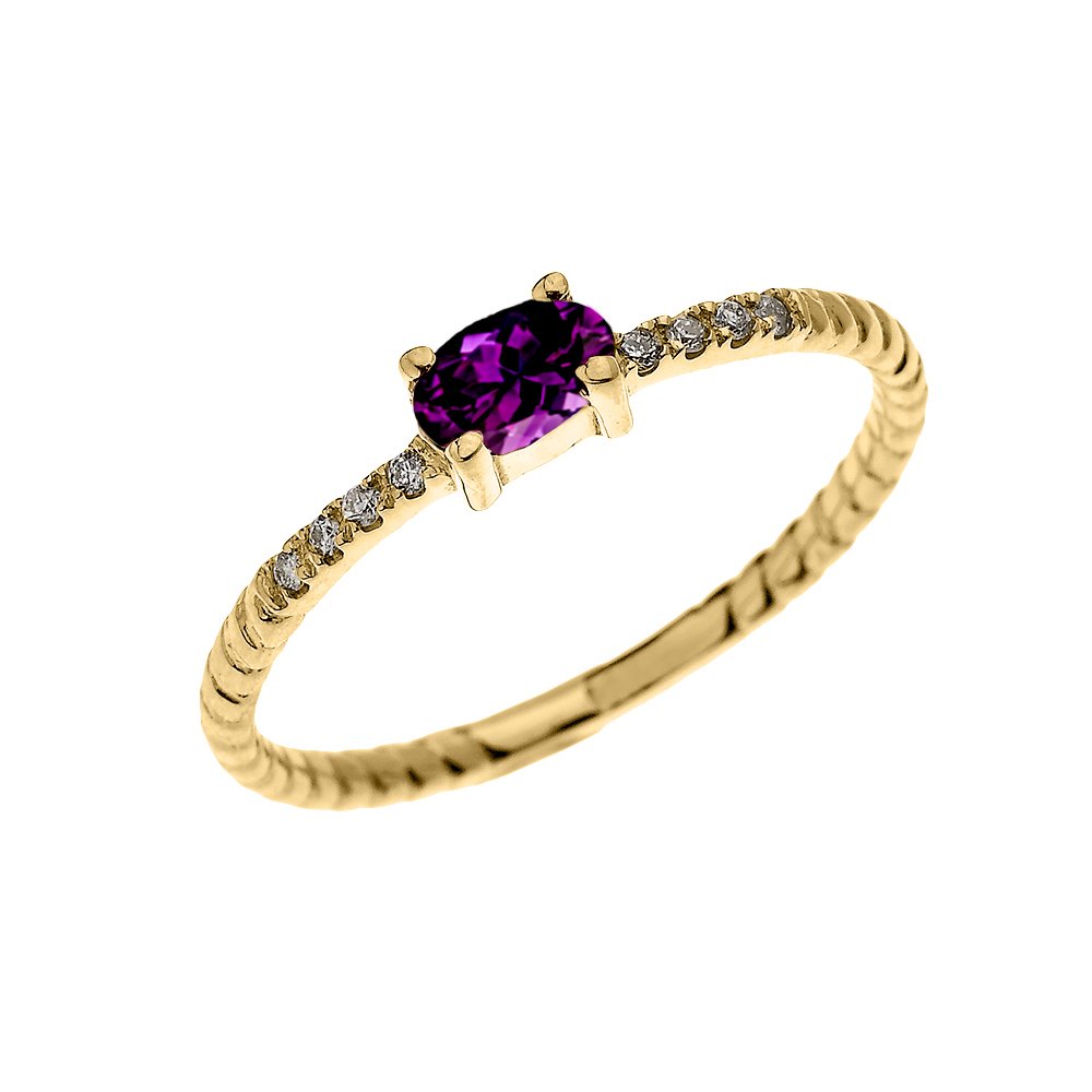 10k Yellow Gold Diamond & Oval Amethyst Solitaire Rope Design Stackable Ring for Women - Elegant Proposal, Engagement & Wedding Jewelry Gift for Her - Perfect for Anniversaries, Valentine's Day & Special Occasions