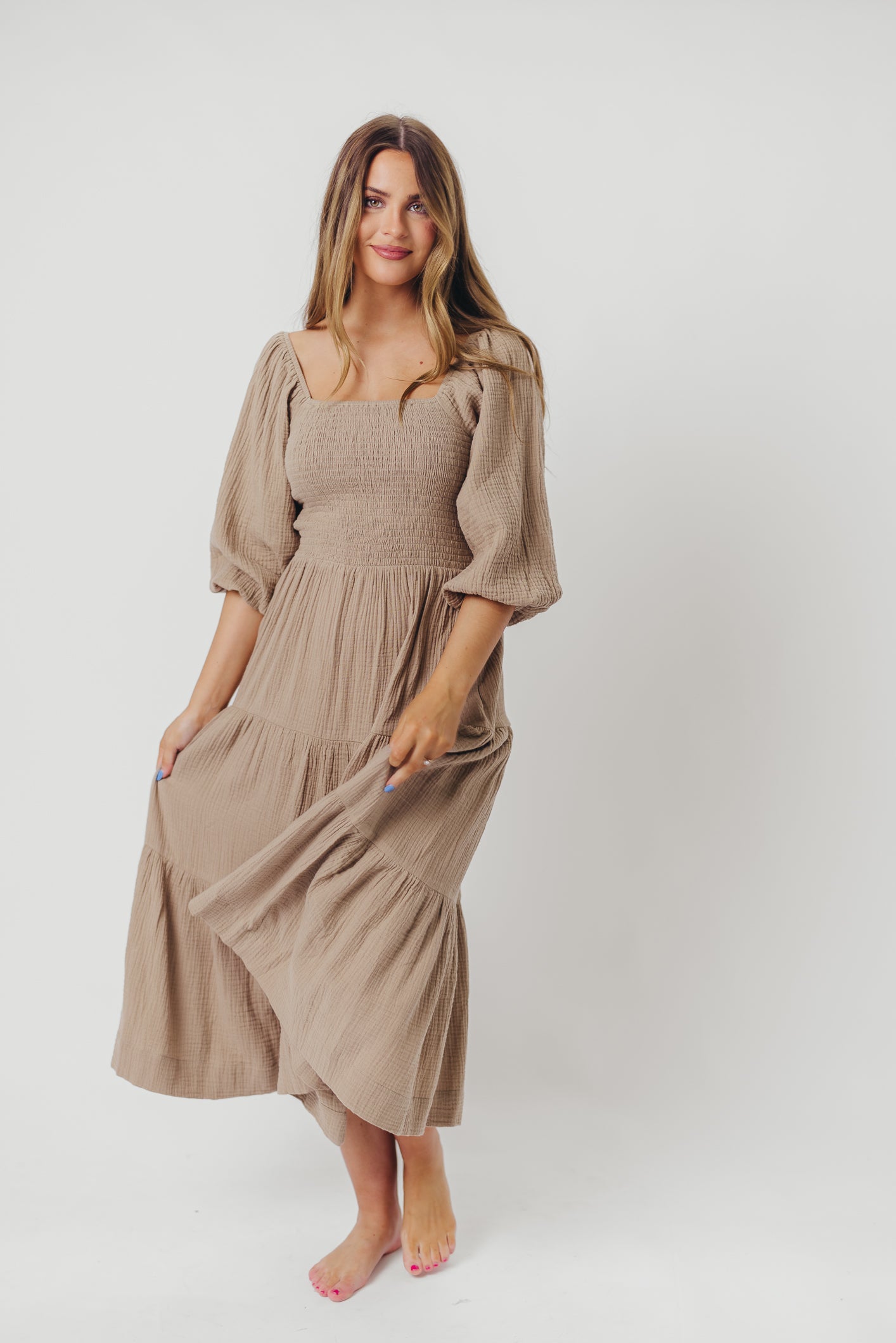 Taylor Cotton Smocked Midi Dress with Tiered Skirt in Pumice - Inclusive Sizing (XS-3X) | Flowy Summer Dress for Women | Perfect for Beach Vacations, Brunch Dates & Garden Parties