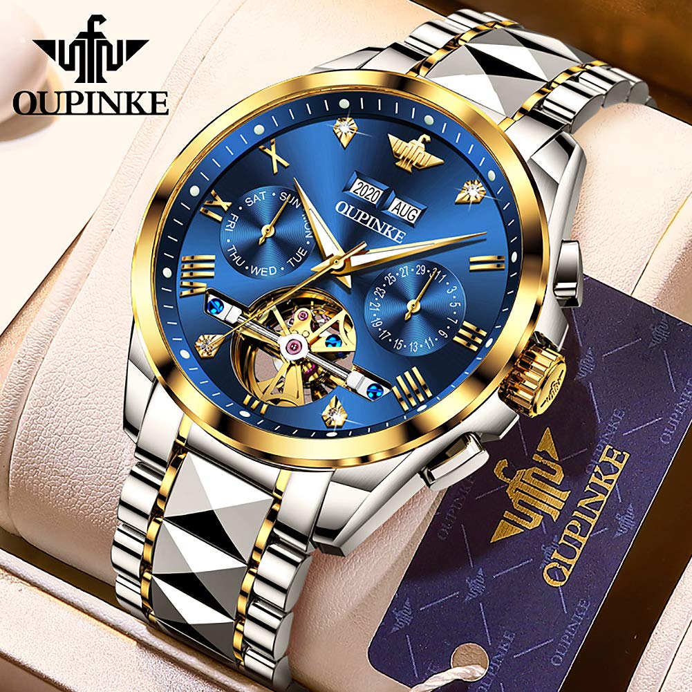 OUPINKE Men's Automatic Skeleton Mechanical Watch - Self-Winding Hollow Design, Sapphire Crystal, 50M Waterproof, Tungsten Steel Case - Perfect for Business, Formal & Casual Wear