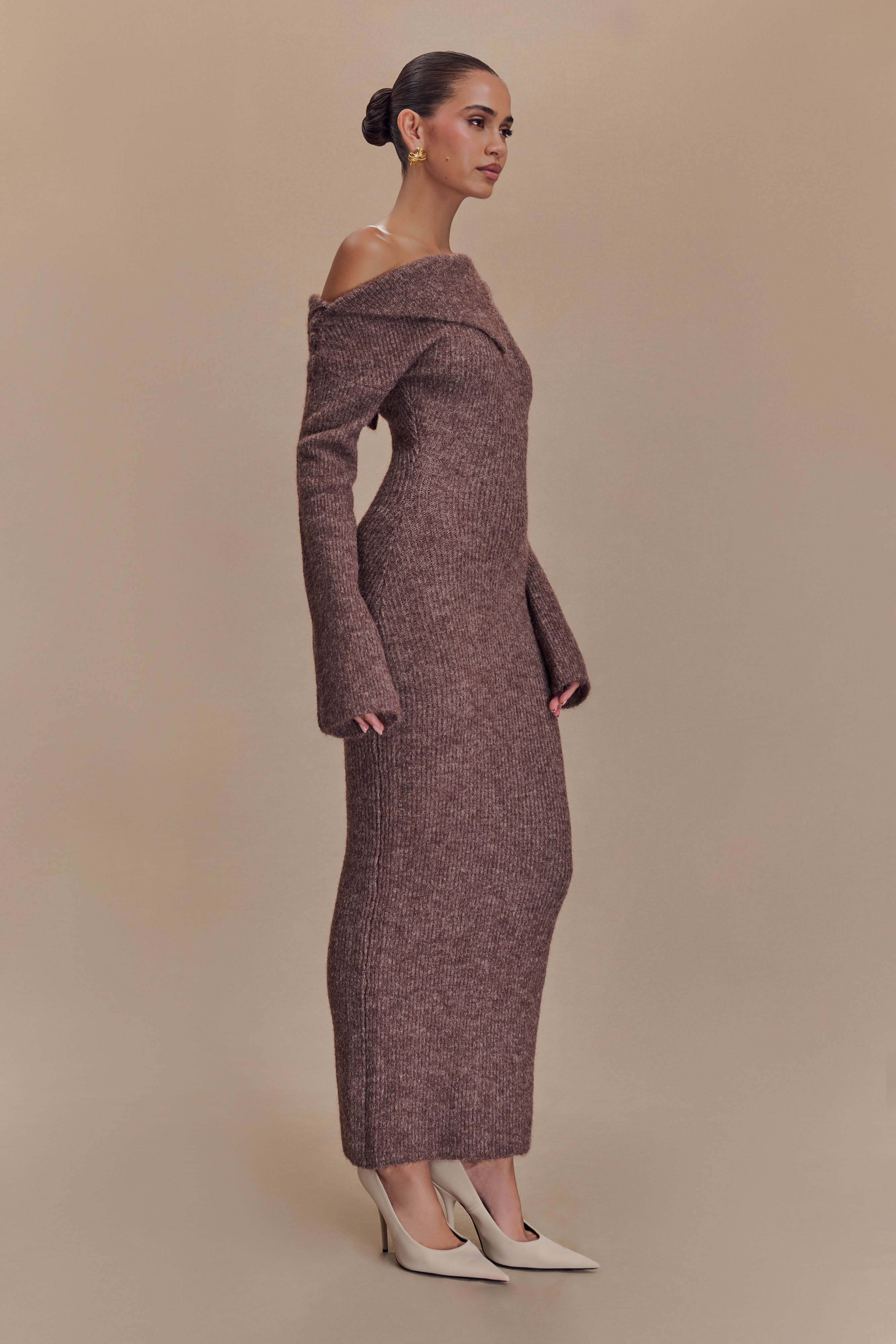 Elegant Magenta One Shoulder Fluffy Knit Midi Dress in Pecan - Perfect for Date Nights & Special Occasions