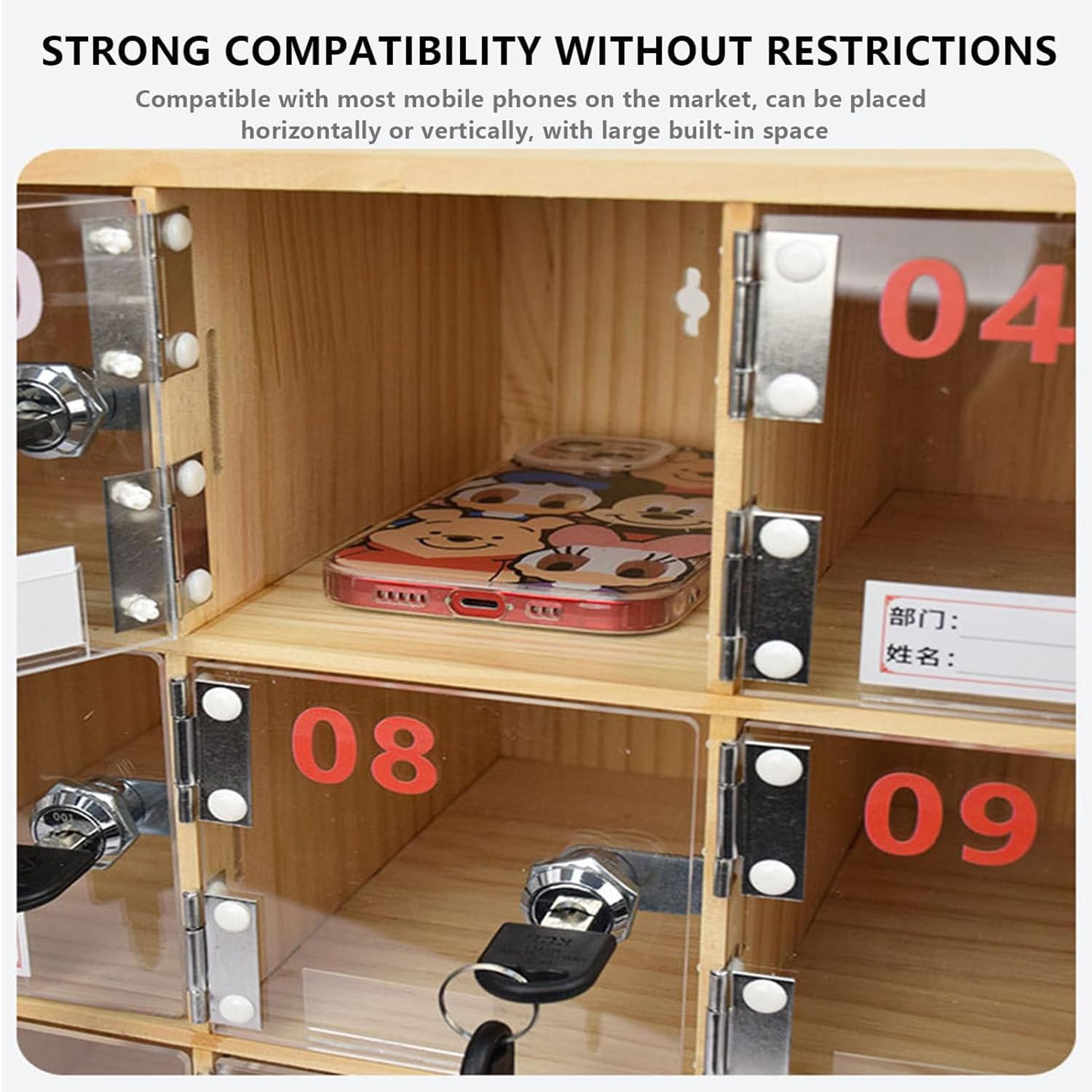 Wall-Mounted Clear Phone Locker Box with Keys - 9 Slots for Office & School Use