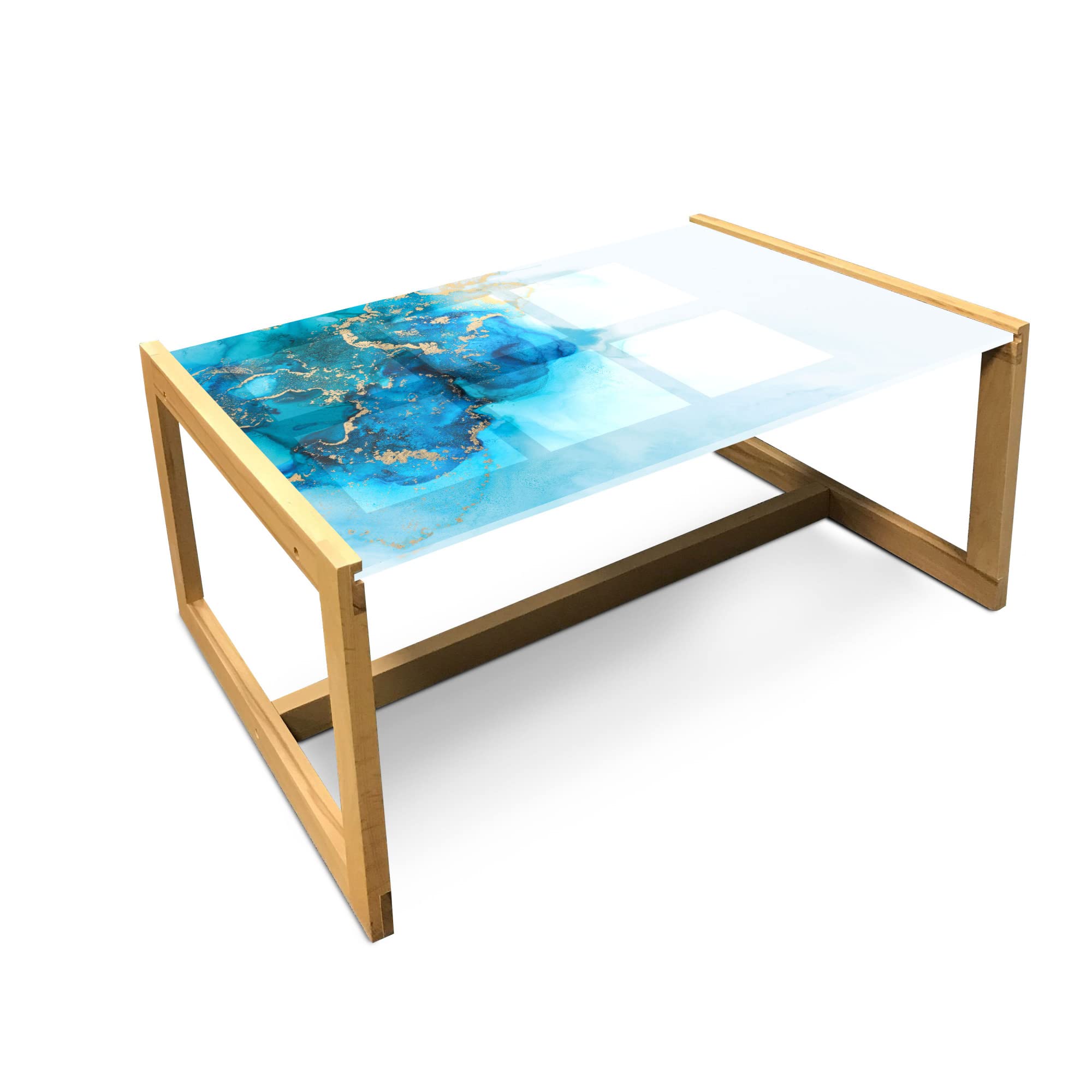 Ambesonne Modern Marble Coffee Table - Abstract Fluid Smoke Design, Minimalist Acrylic Glass Center Table with Wooden Frame for Office, Dorm, Living Room - Large Beige Turquoise & Sea Blue - Perfect for Contemporary Home Decor & Small Space Furniture