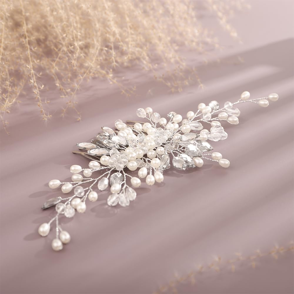 Kercisbeauty Handmade Crystal Wedding Hair Comb with Pearls – Elegant Bridal Hair Accessory for Women, Rustic & Boho Wedding Headpiece (Silver) | Perfect for Brides, Prom, Formal Events & Special Occasions