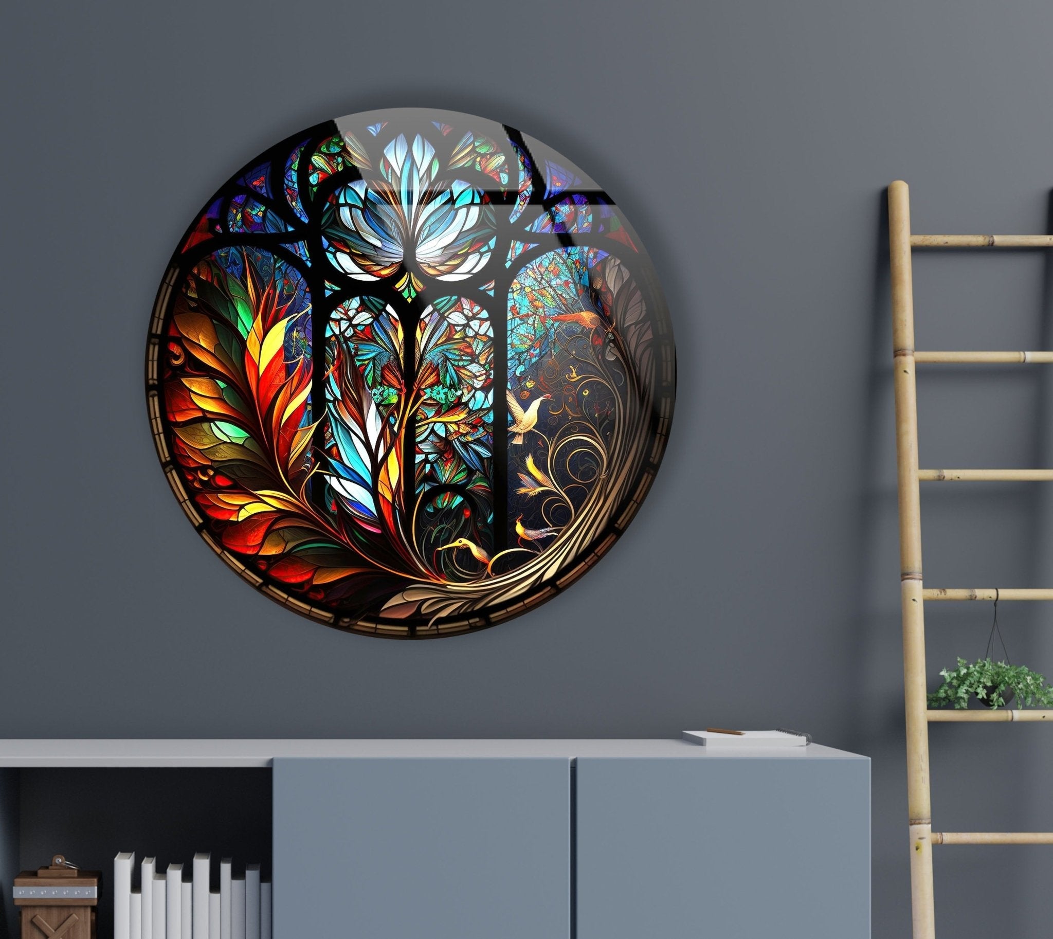 Handcrafted Stained Glass Round Wall Art Decor - Elegant Home & Office Decoration for Living Room, Bedroom, or Entryway