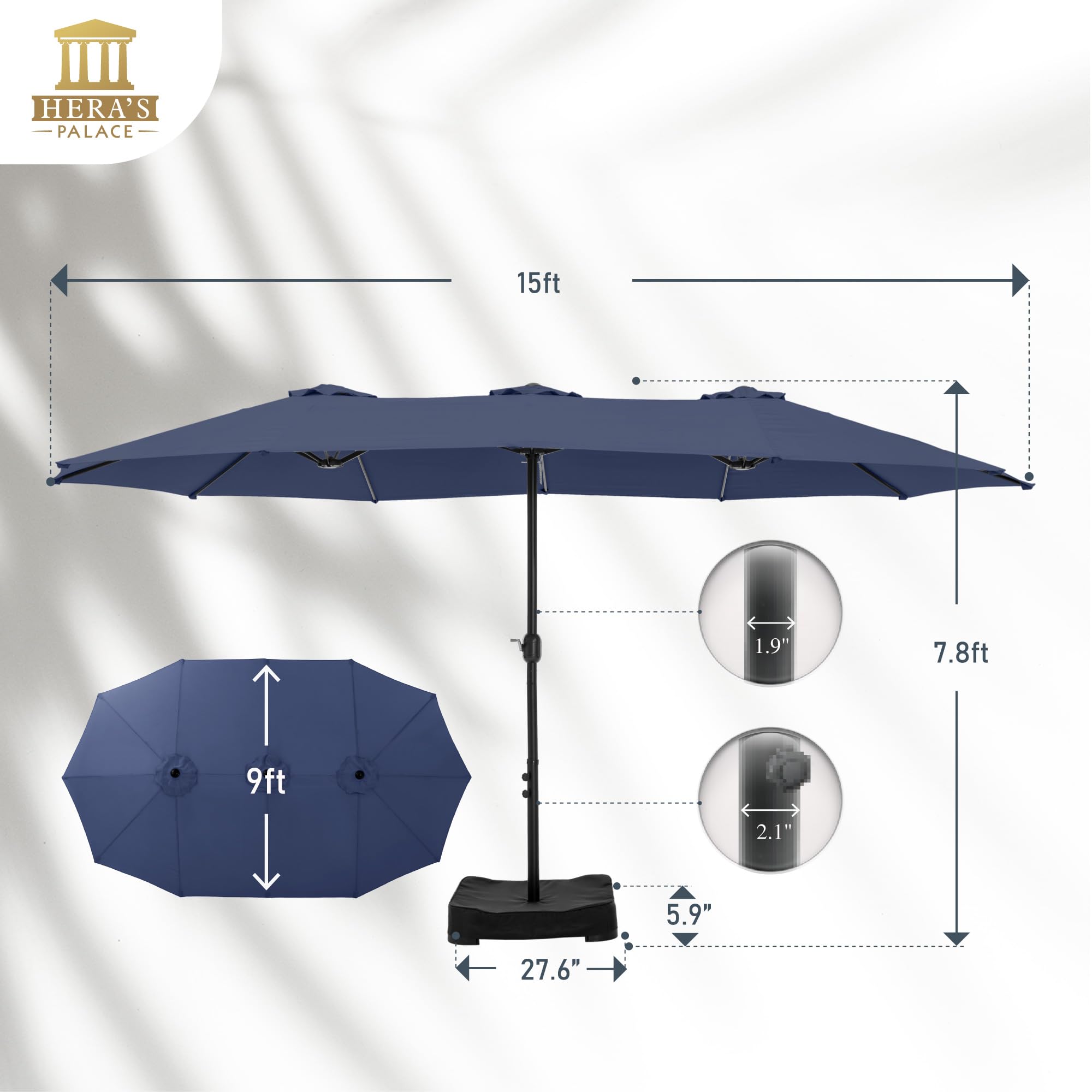 HERA'S PALACE 15ft Heavy Duty Rectangle Patio Umbrella with Base Stand - Navy Blue Outdoor Market Umbrella for Deck, Poolside, Picnic, Commercial Use & Inground Yard