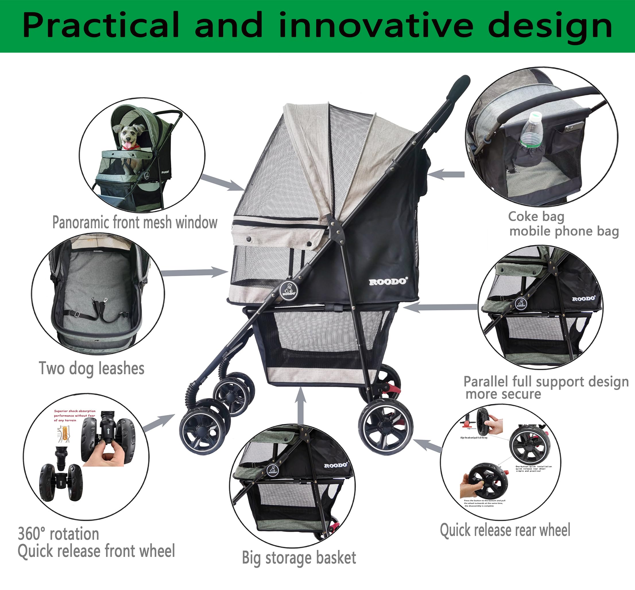 ROODO 4 Wheel All-Terrain Pet Stroller - Lightweight Foldable Compact Travel Jogger for Small/Medium Dogs & Cats up to 30lbs (Light Khaki) | Perfect for Outdoor Walks, Shopping Trips & Vet Visits
