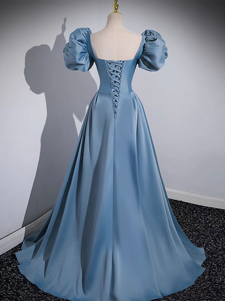 Elegant A-Line Puff Sleeves Satin Blue Long Prom Dress - Formal Evening Gown for Homecoming, Ball, Wedding & Special Occasions