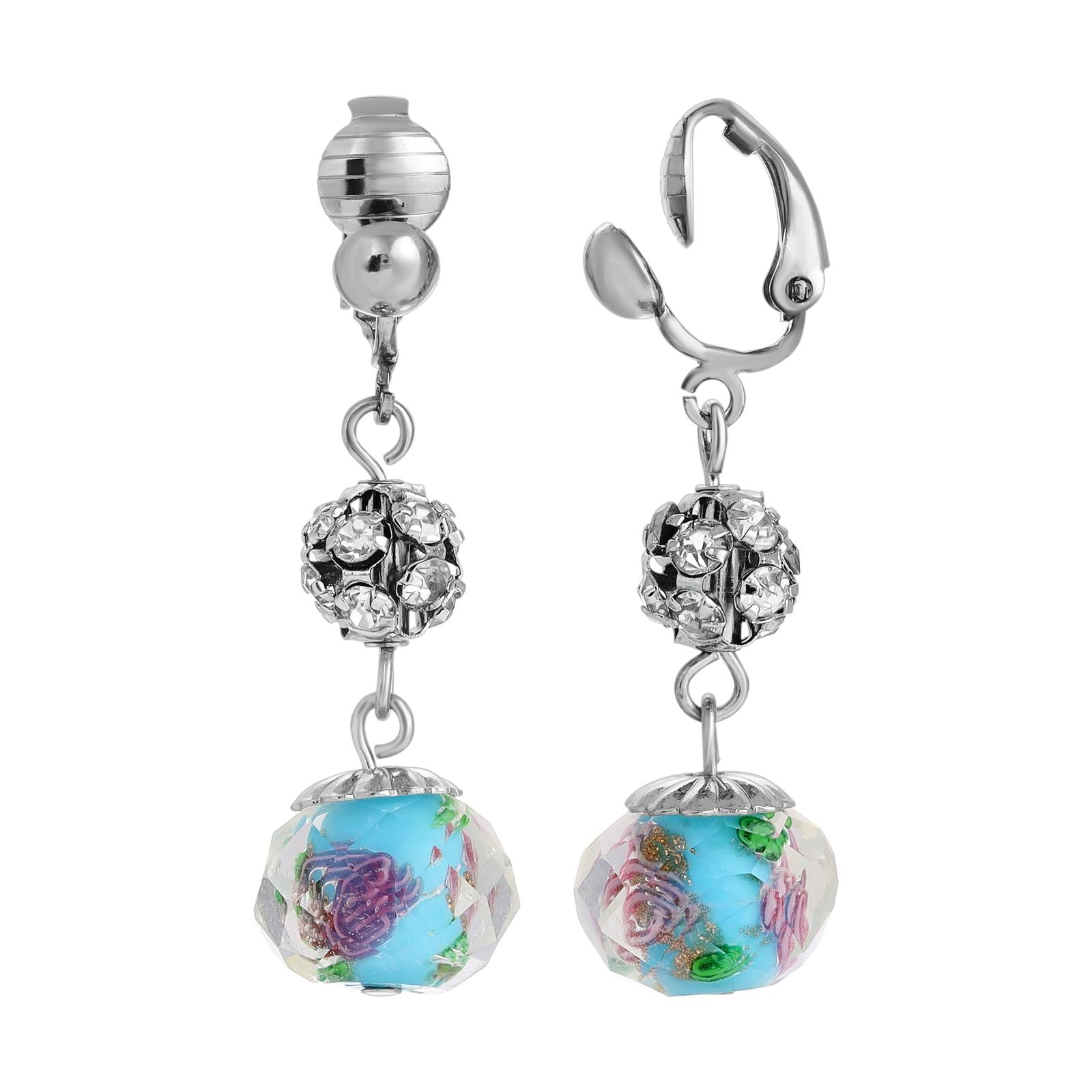 1928 Jewelry Fireball Crystal Pink Flower Bead Drop Clip-On Earrings for Women - Vintage Style Dangle Earrings for Party, Wedding & Special Occasions