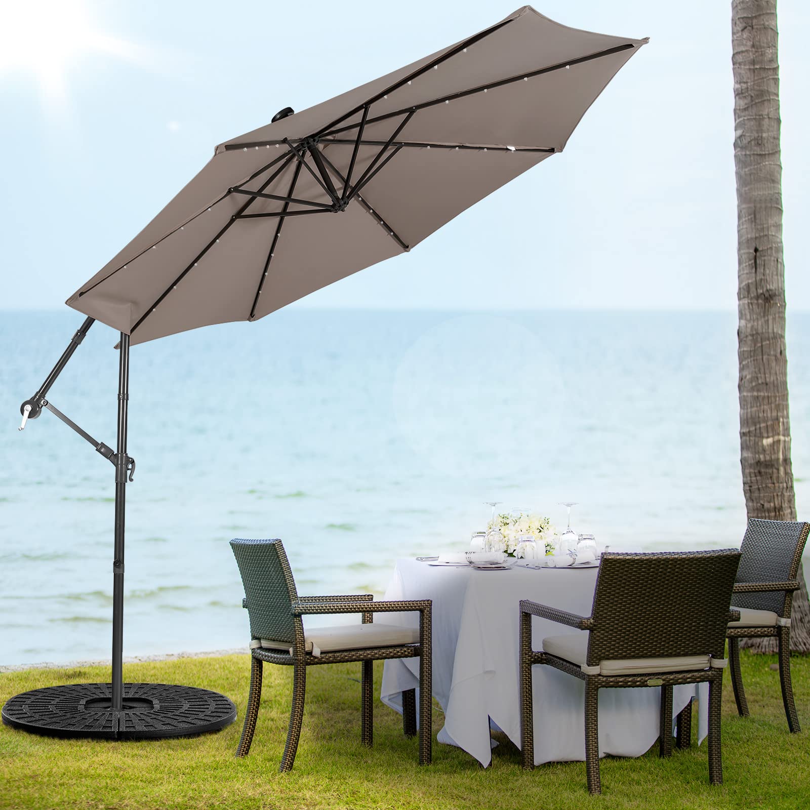 Giantex 10 Ft Solar Powered LED Patio Umbrella with 8 Ribs & Tilting Adjustment - Heavy Duty Cantilever Offset Umbrella for Pool, Garden, Backyard, and Outdoor Dining Areas