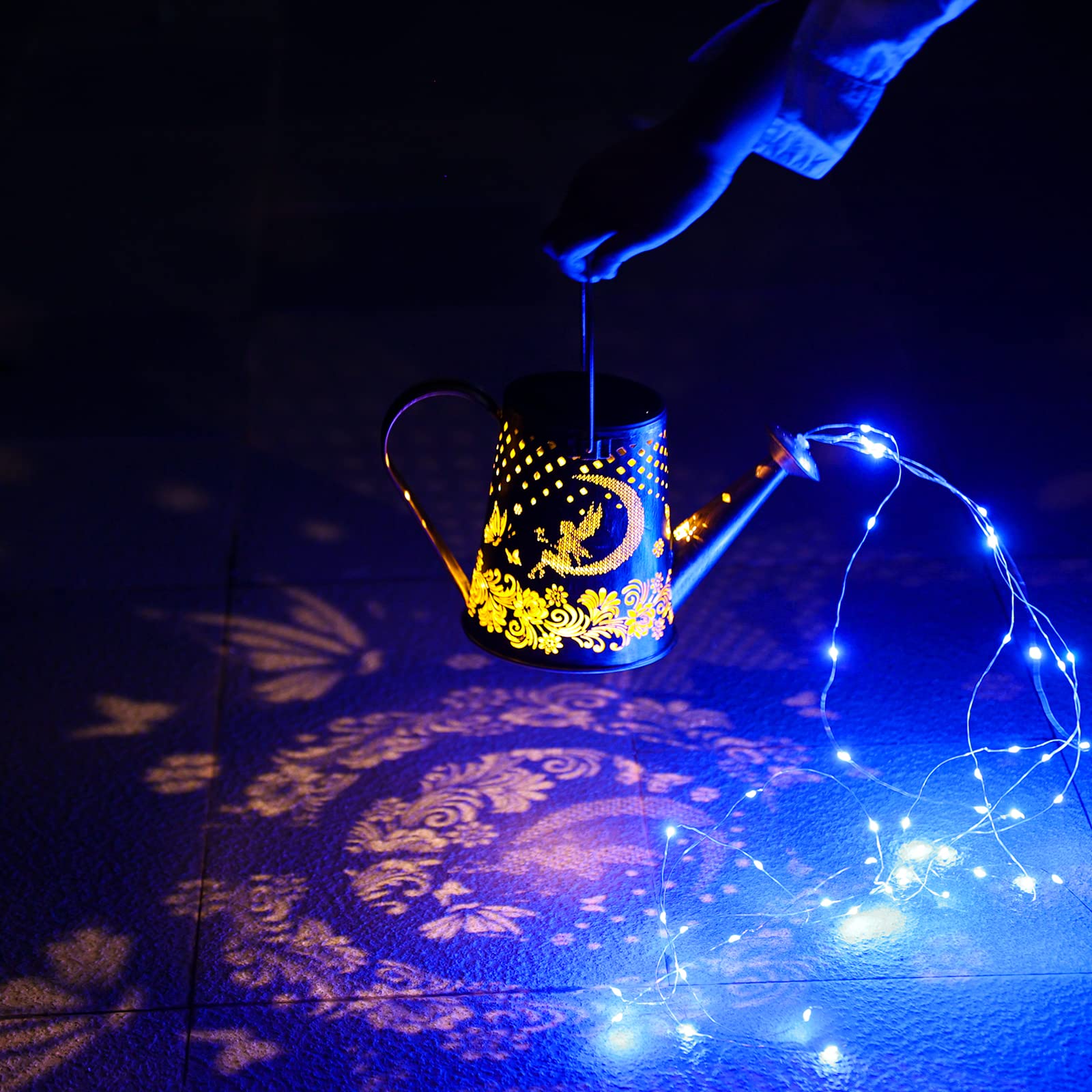 Solar Watering Can Fairy Lights with Butterfly Decor - Outdoor Hanging Waterfall Lights for Garden, Patio, Yard, Pathway - Blue LED Star Shower Art for Romantic Evenings & Special Occasions