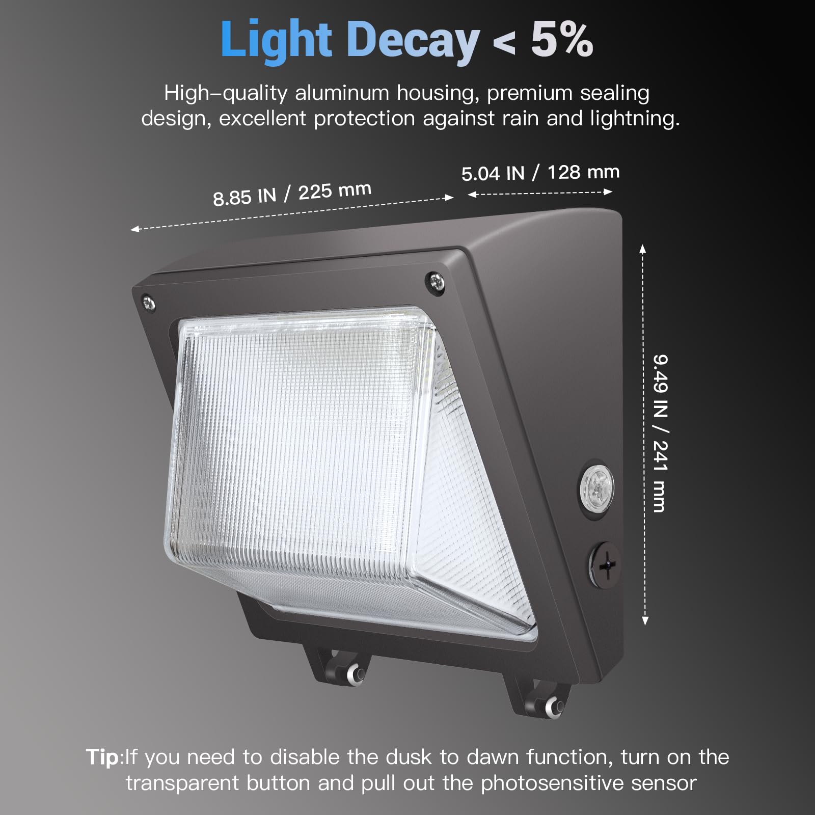 JTT LED Wall Pack Lights Outdoor - Dusk to Dawn Photocell, Selectable 75W/60W/45W, 9750LM/7800LM/5850LM, 6000K/5000K/4000K, Waterproof Flood Security Lighting for Garage, Yard, Parking Lot - Perfect for Commercial & Residential Outdoor Areas