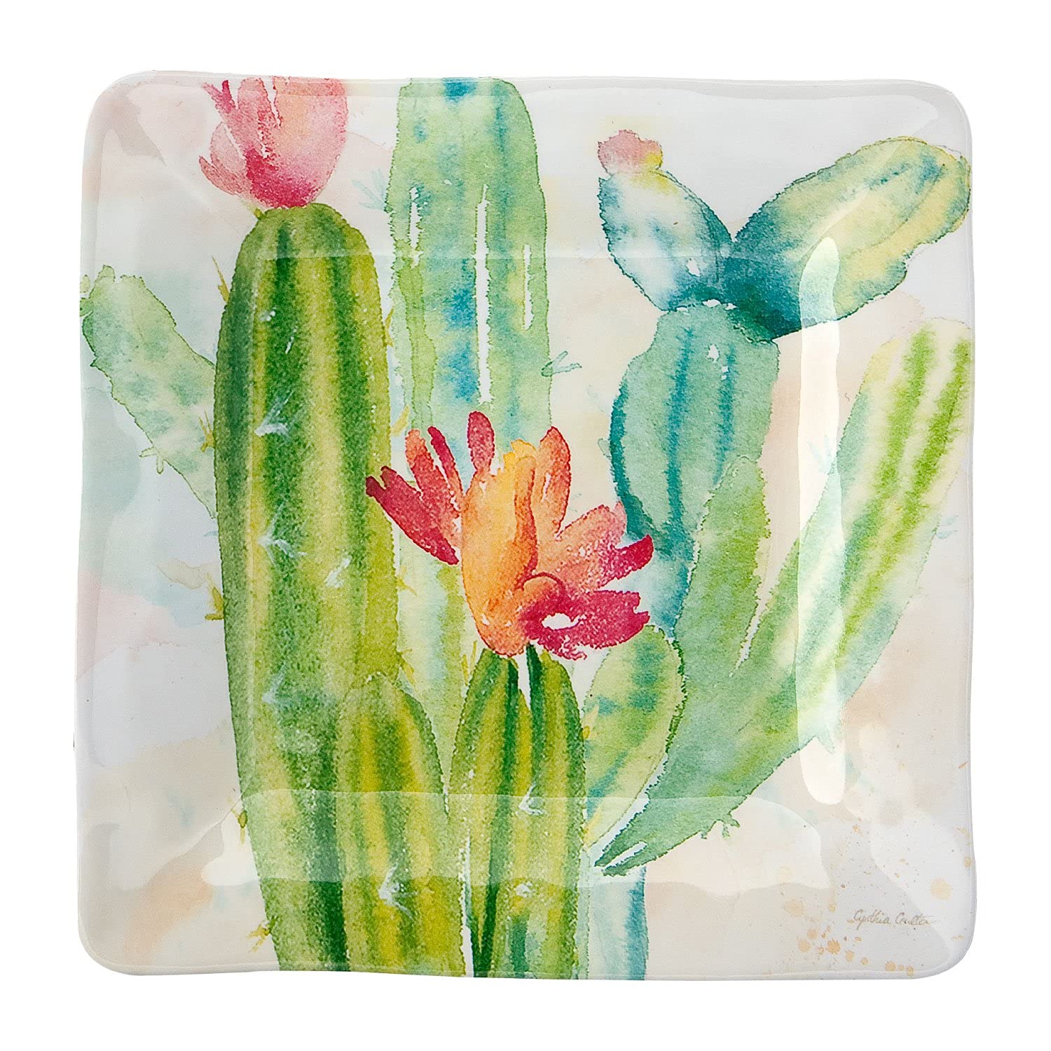 UPware Cactus Melamine Square Dessert Plates - 6 Inch Small Serving Plates for Appetizers, Snacks & Side Dishes - Colorful Set of 4 - Perfect for Parties, Picnics & Outdoor Dining