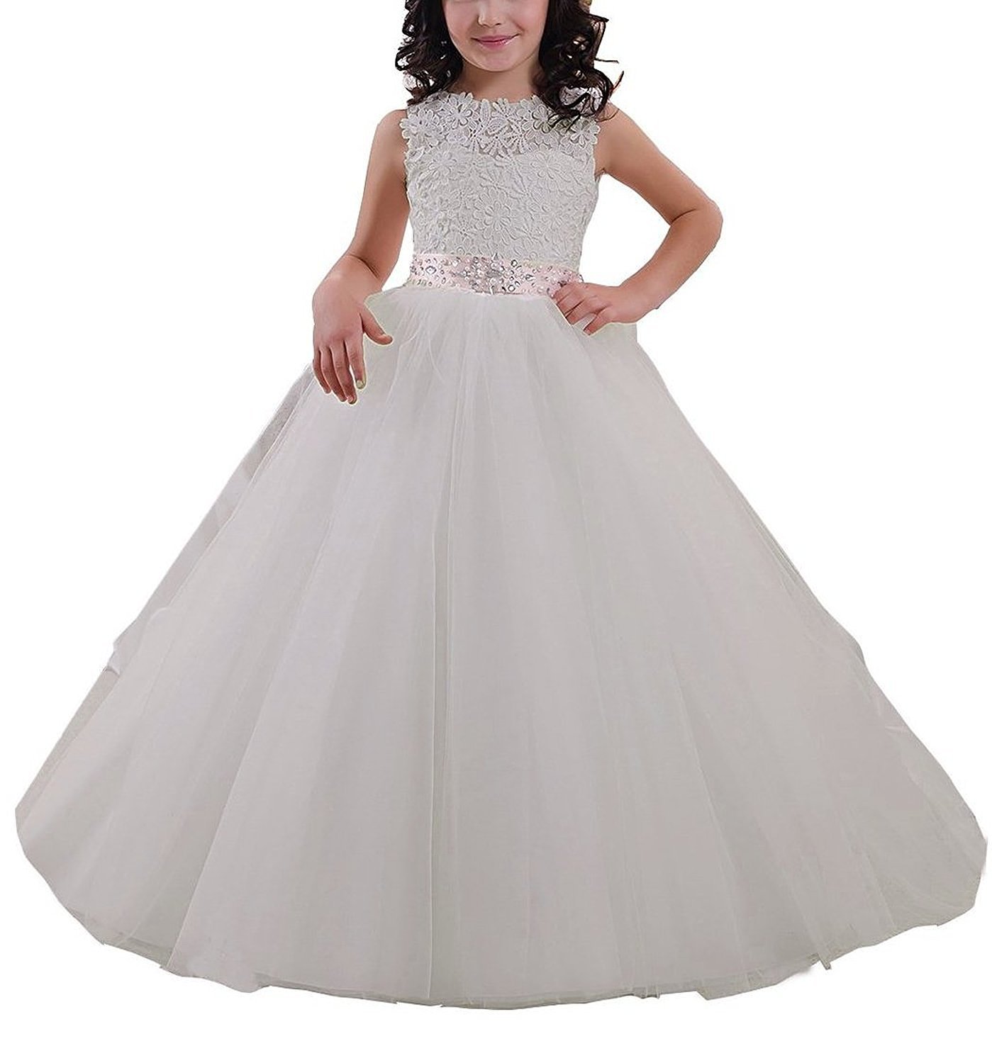 Elegant Long Flower Girl Dress with Lace Beading & Tulle Ball Gown - First Communion Dresses for Girls - US Size 8 Ivory - Perfect for Weddings, Baptisms & Special Occasions